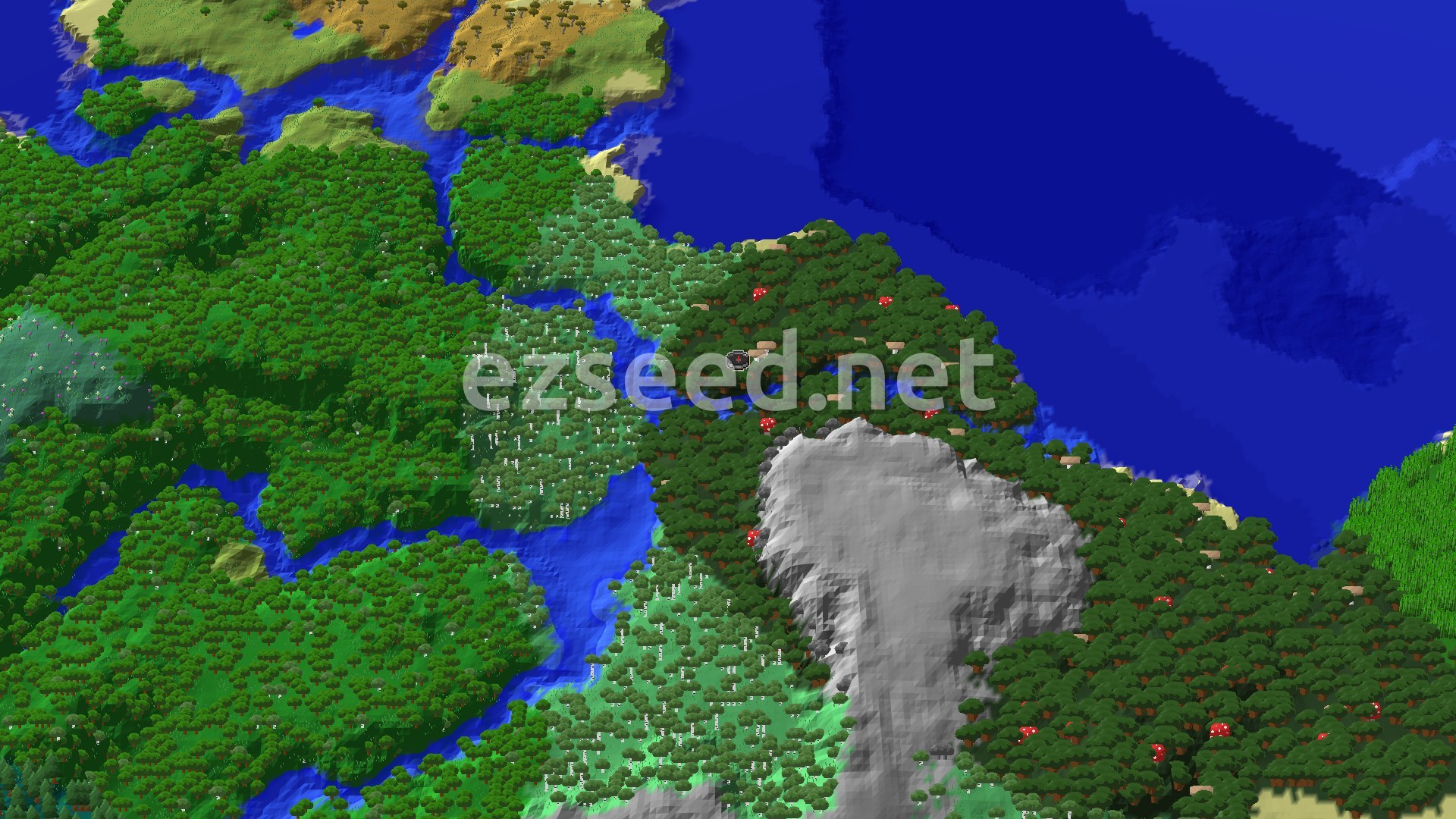 A 3D fly-over of a dark forest with red mushroom trees, a winding river, and a large body of water to the north.