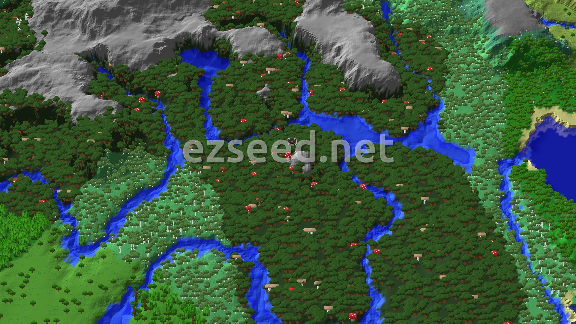 A dense dark forest with tall, dark oak trees surrounds the spawn point, with a river visible in the distance and rolling hills under a clear sky.