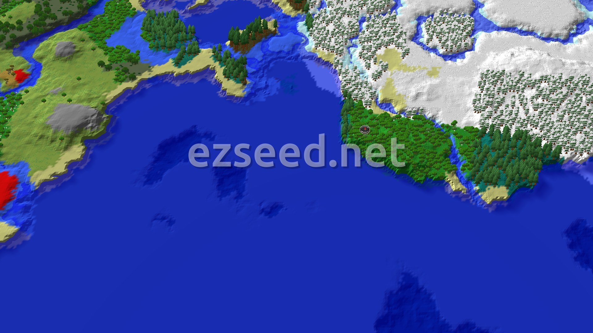 Aerial Minecraft seed map — Forest and Taiga with Nearby Ocean Ruins