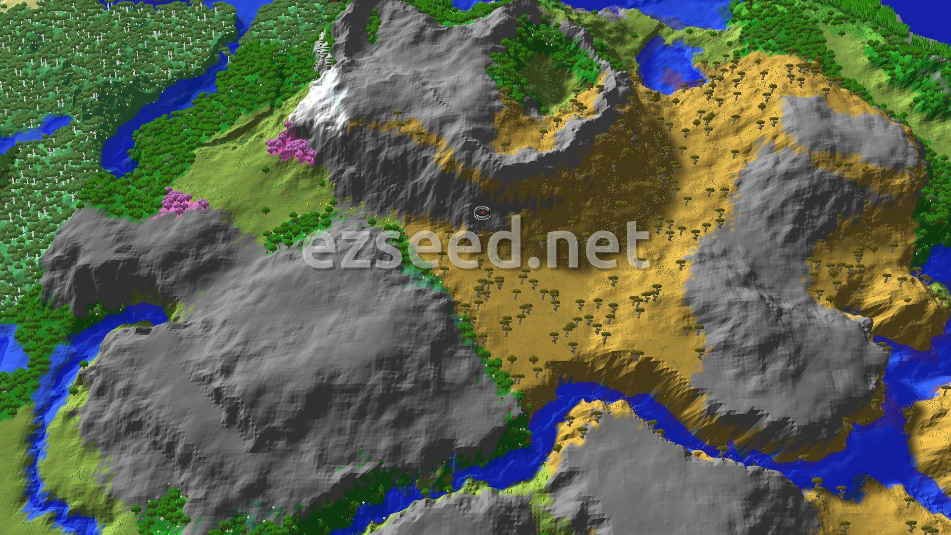 An overhead view of a diverse Minecraft landscape featuring a large savanna plateau, surrounded by a mix of forests, rivers, and rugged stony peaks. A small spawn marker is visible in the center of the savanna.