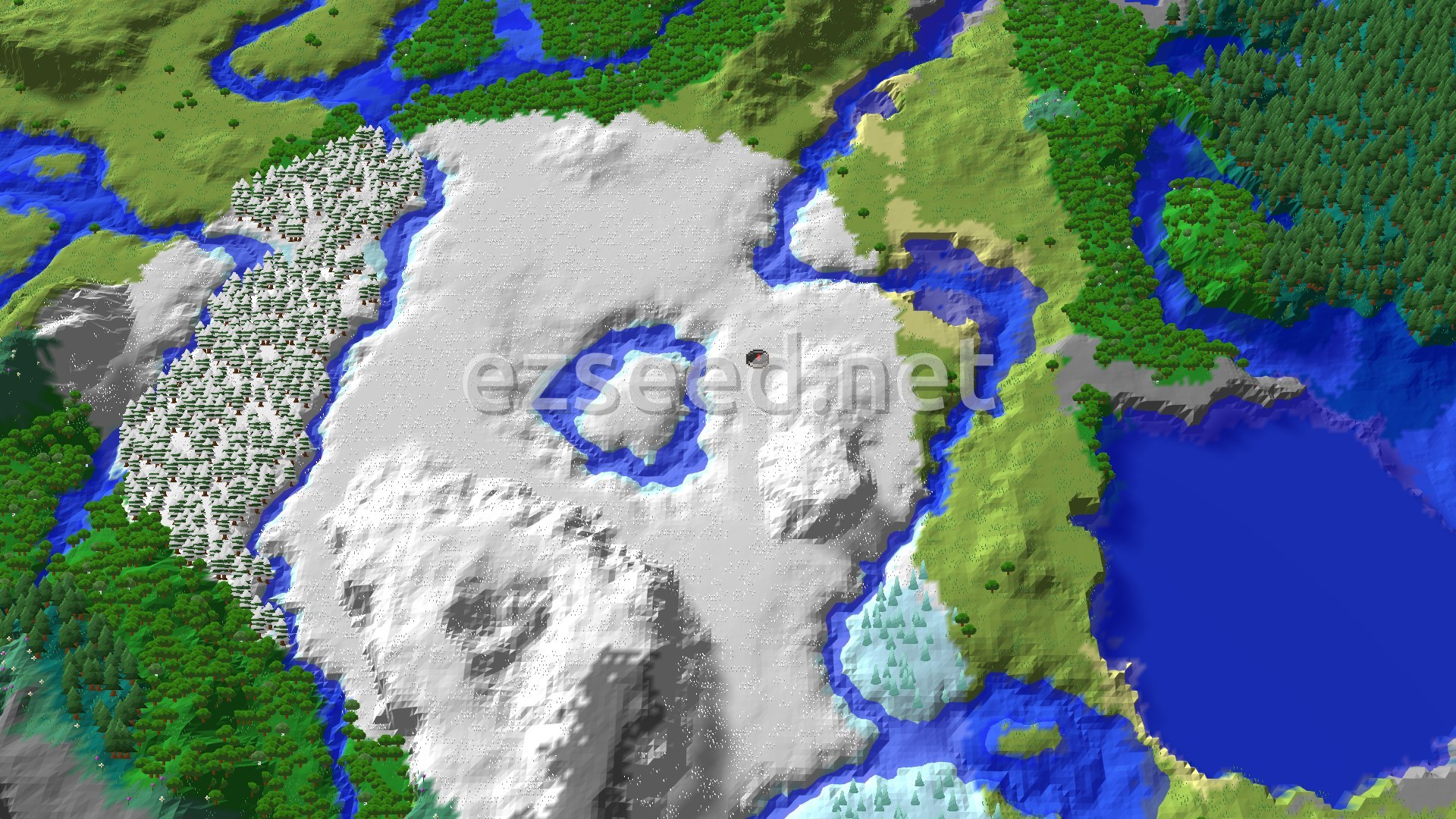 A 3D overhead view of a snowy landscape with a large central snowfield, surrounded by a mix of green plains, forests, and winding rivers. A small spawn marker sits near the center.