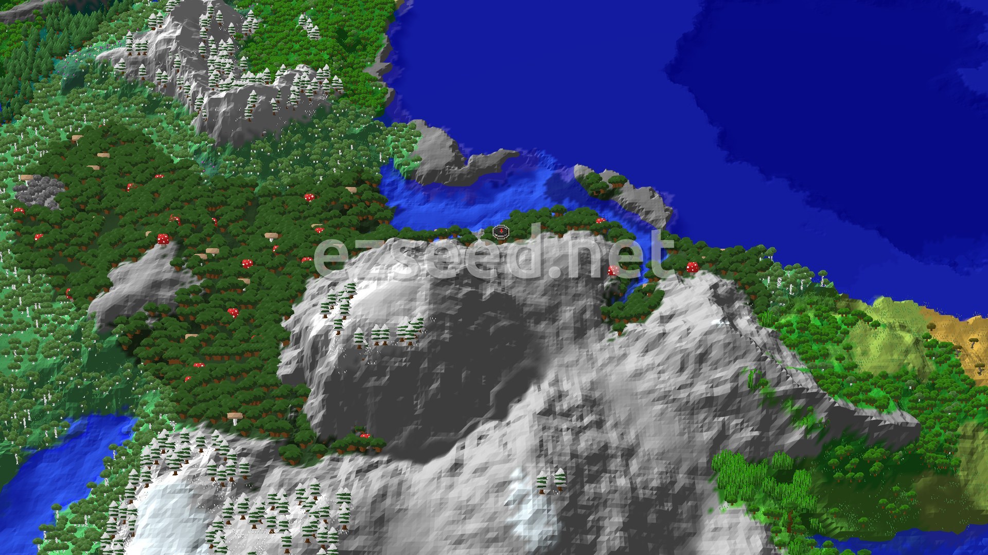 Aerial Minecraft seed map — Dark Forest Spawn Near Jagged Peaks and Ocean