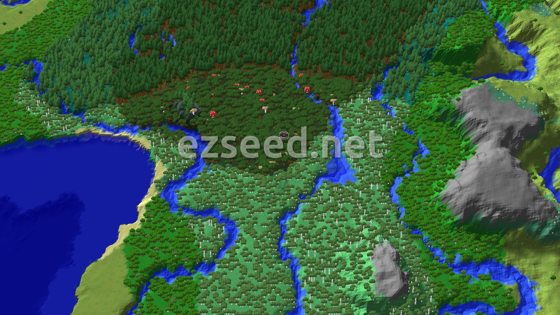 A bird's-eye view of a dense forest with a winding river, a large lake, and some grey, rocky hills. Red mushrooms are visible in the forest near the center, with a small spawn marker.