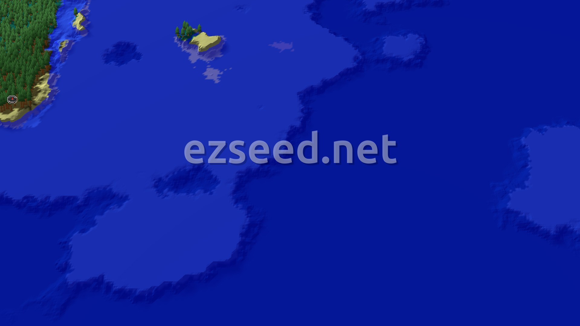 A 3D fly-over of a dark green spruce taiga forest meeting a light sand beach, which then borders a vast blue ocean with an island. A small spawn marker is visible at the forest's edge.