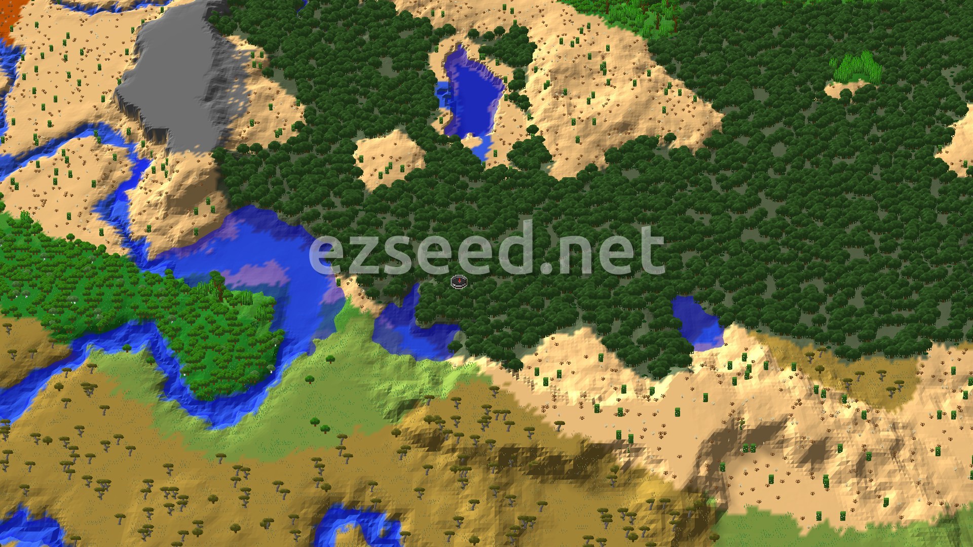 An aerial view of a vibrant green mangrove swamp with patches of desert and savanna, and a small marker indicating the spawn point.