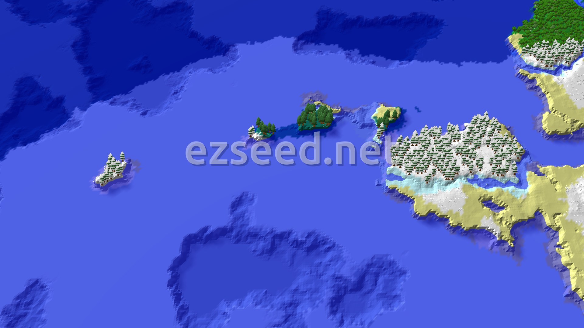 An aerial view of a snowy taiga biome with scattered trees, surrounded by large expanses of ocean and frozen ocean biomes. A small spawn marker is visible at the center of a landmass.