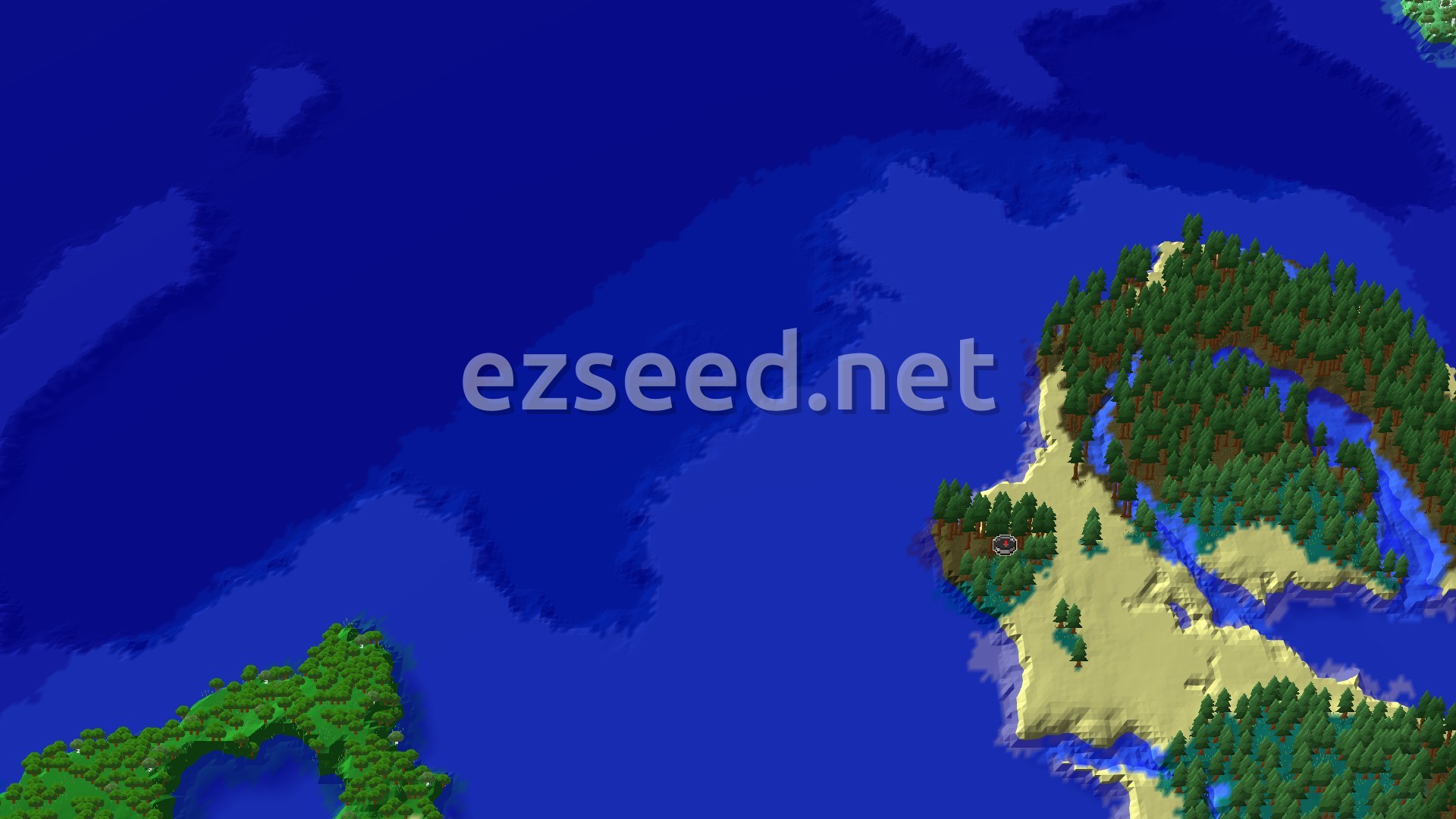 An aerial view of a forested island, mostly taiga, bordered by sandy beaches and surrounded by deep blue ocean. A small spawn marker indicates the starting point on the island's edge.