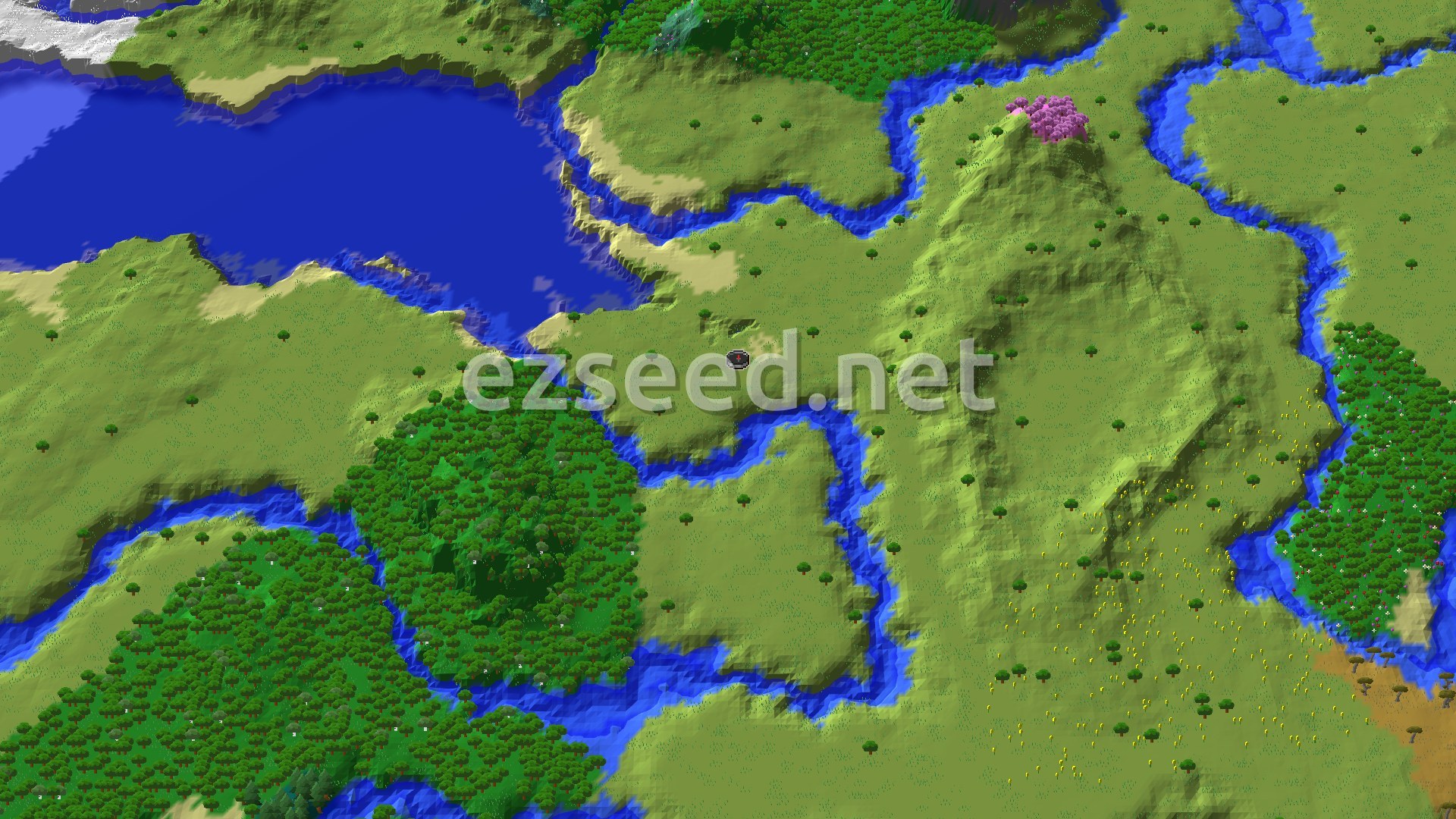 An aerial view of a mostly flat plains biome intersected by a river, with forests to the south and a large cold ocean to the west. A small, pink-leaved cherry grove stands on a distant hill to the northeast.
