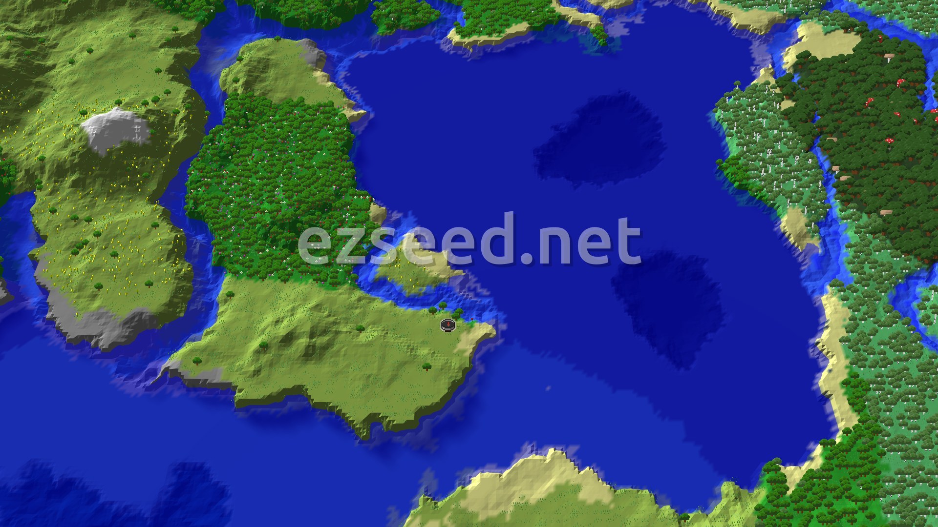 An aerial view of a varied landscape, showing a large ocean, multiple green landmasses with forests and plains, and sandy beaches along the coastlines. A small spawn marker sits on a flat, grassy plain near the water.