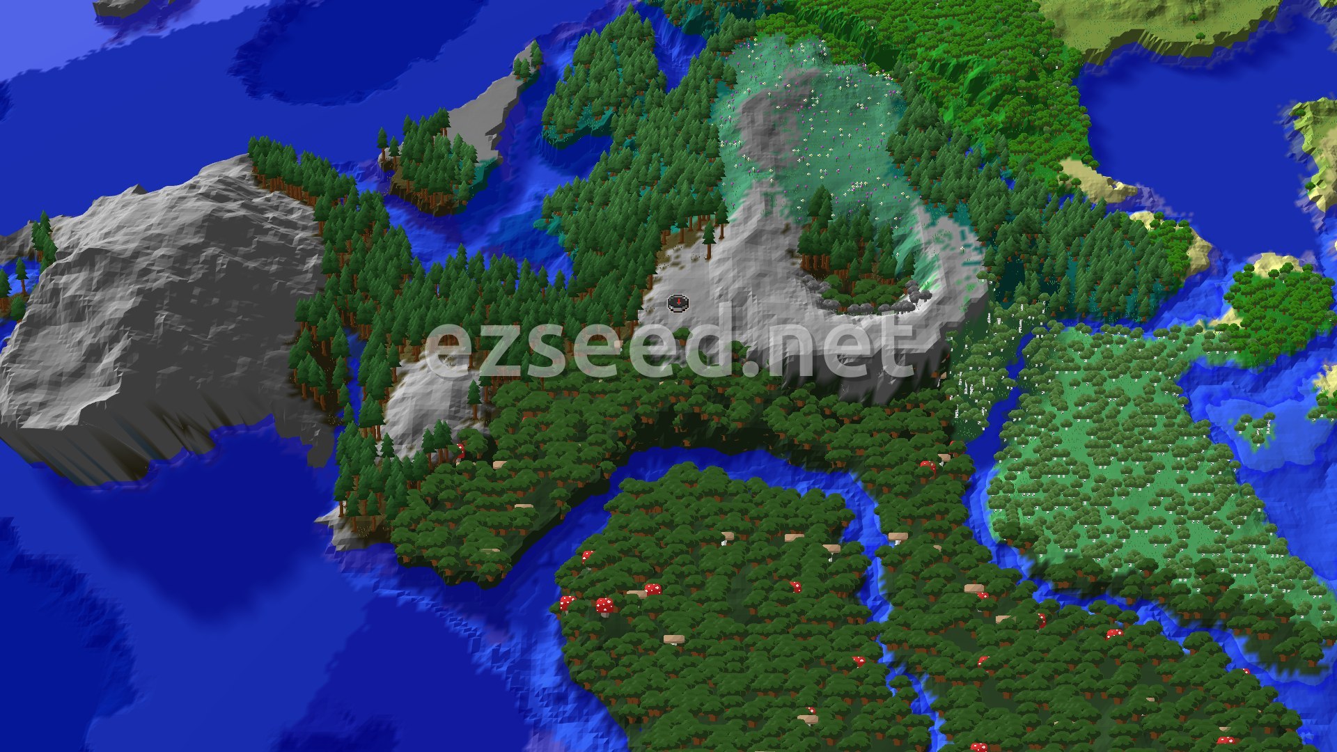 Aerial Minecraft seed map — Dark Forest Spawn with a Nearby Mansion and Village