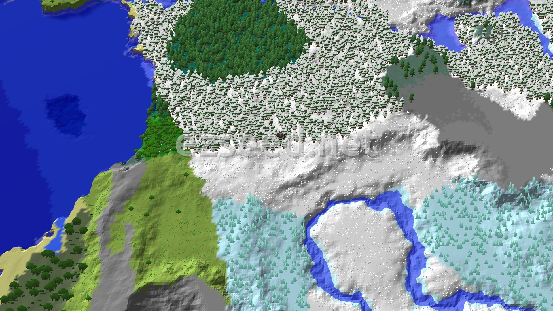 A 3D fly-over of a snowy taiga landscape, with a dense forest of snow-capped trees and open snowy plains, adjacent to a large body of water and a few patches of green terrain.