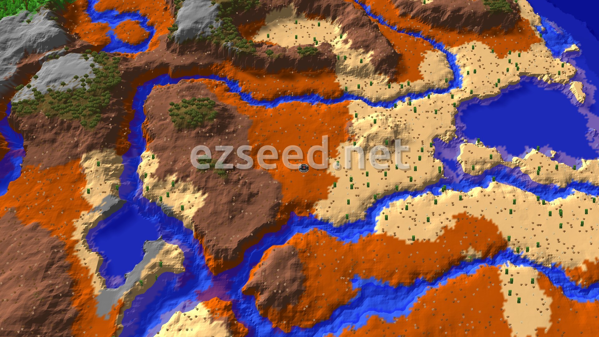 A bird's-eye view of a varied landscape featuring a central wooded badlands area, surrounded by deserts, rivers, and bodies of water, with scattered trees and cacti.