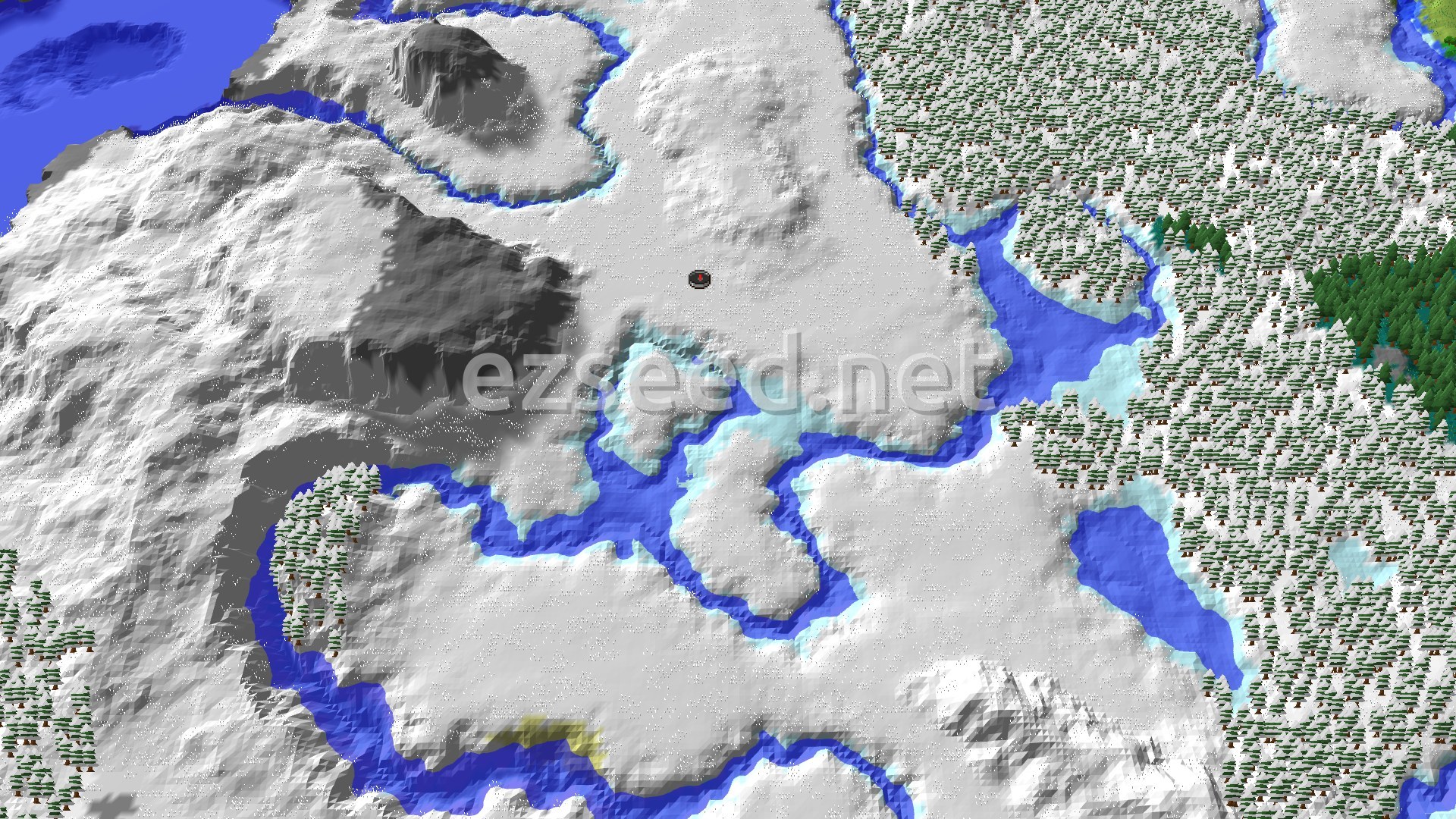 A 3D fly-over of a snow-covered landscape with scattered pine trees, a winding frozen river, and a small spawn marker in the center.