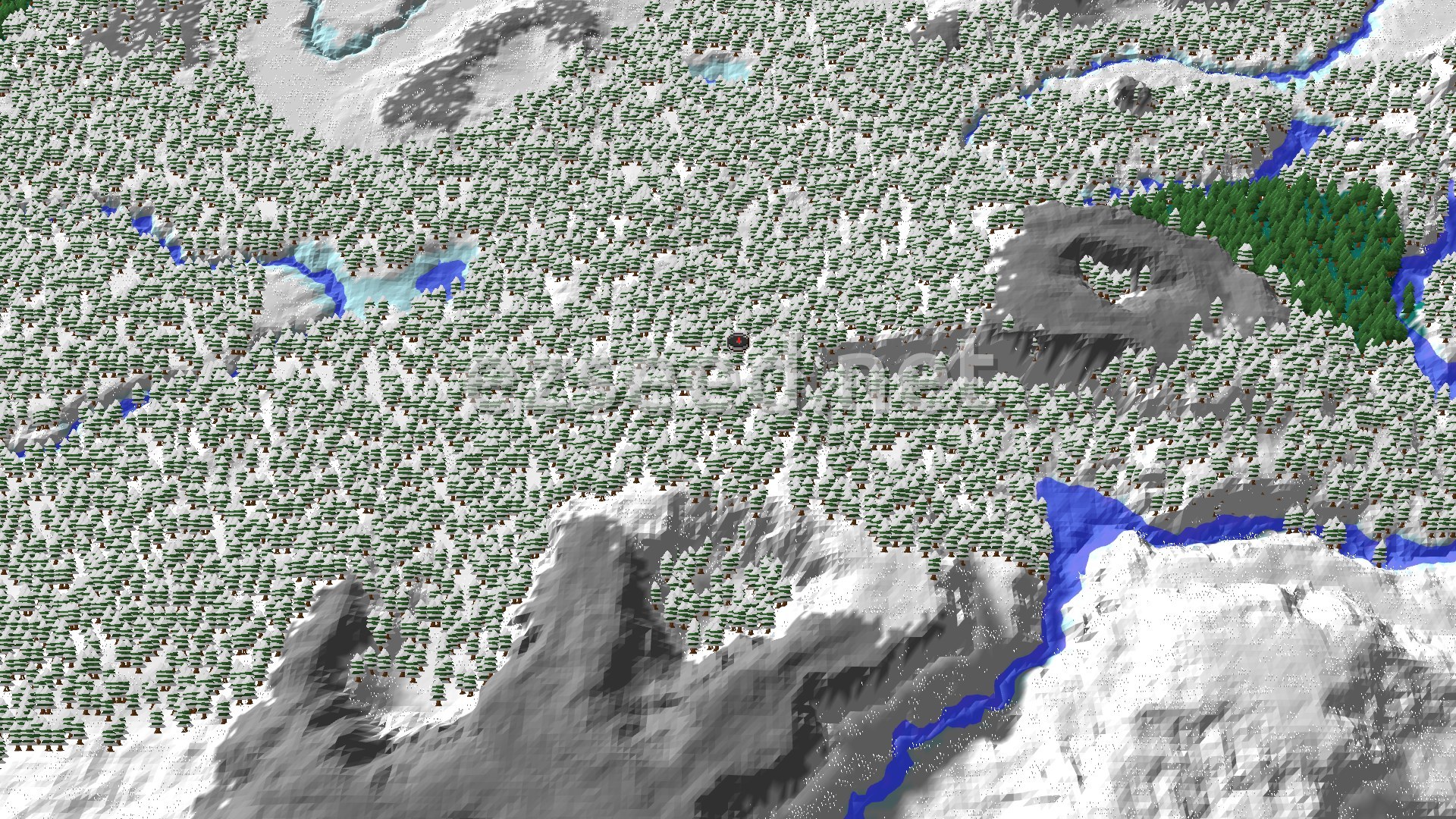 Aerial Minecraft seed map — Ancient City Not Far in a Snowy Taiga World