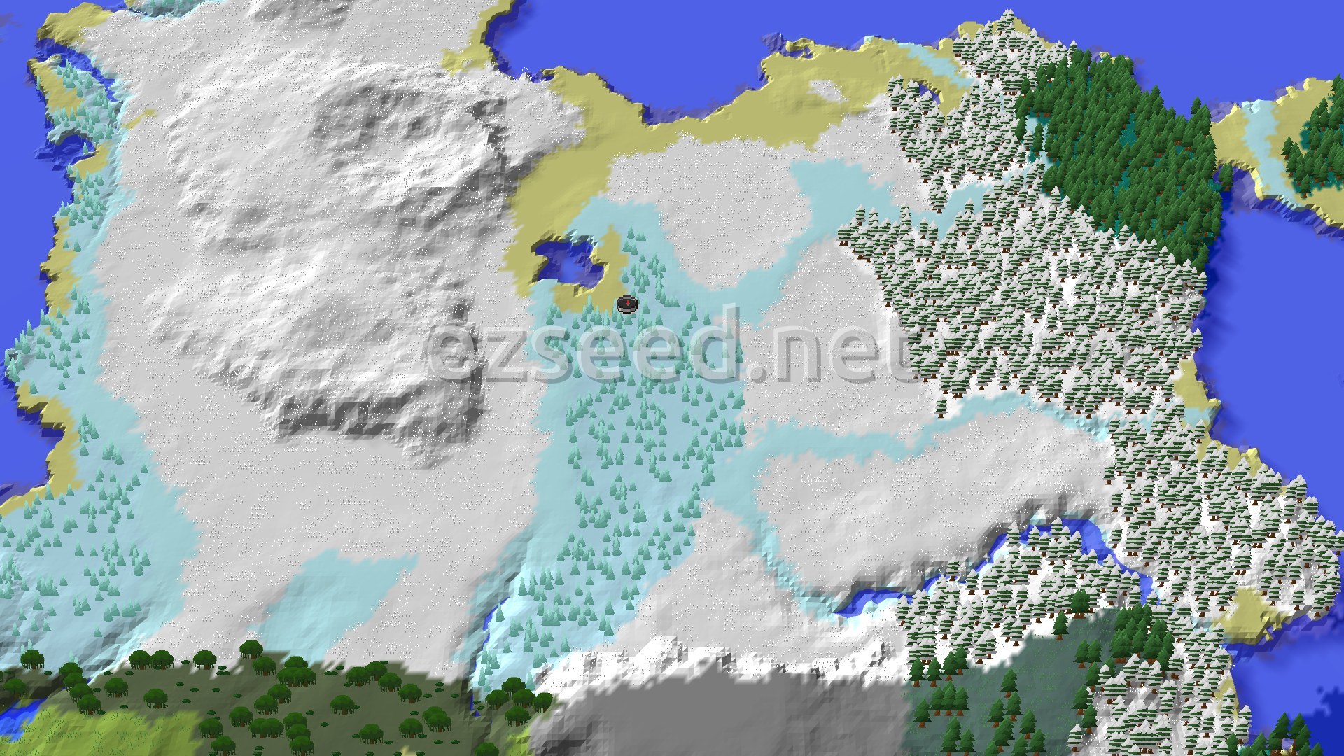 An aerial view of a snowy landscape with a prominent Ice Spikes biome at the center, surrounded by snowy plains and taiga forests, with a small lake and some open water.