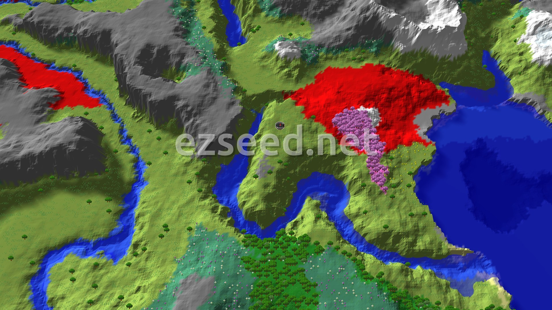 An overhead view of a diverse landscape featuring a mix of plains, forests, and snowy peaks, with a small lake and a river winding through the terrain.