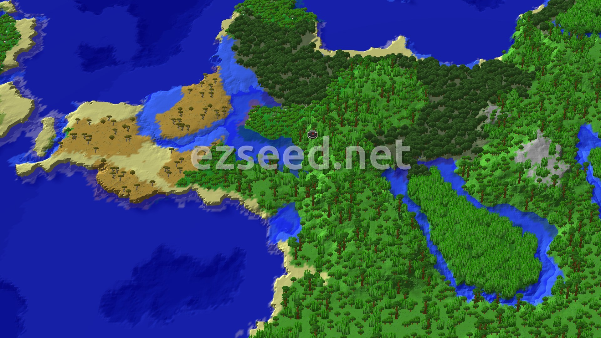 An overhead 3D view of a varied landscape featuring dense green jungles, light brown savannas, winding blue rivers, and expanses of deep blue ocean. A small spawn marker is centered in the jungle.