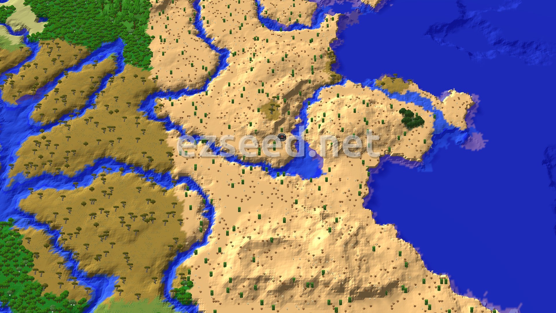 An overhead view of a vast desert biome with sparse cacti, winding rivers, and a large ocean to the east. Patches of savanna and forest are visible in the distance.