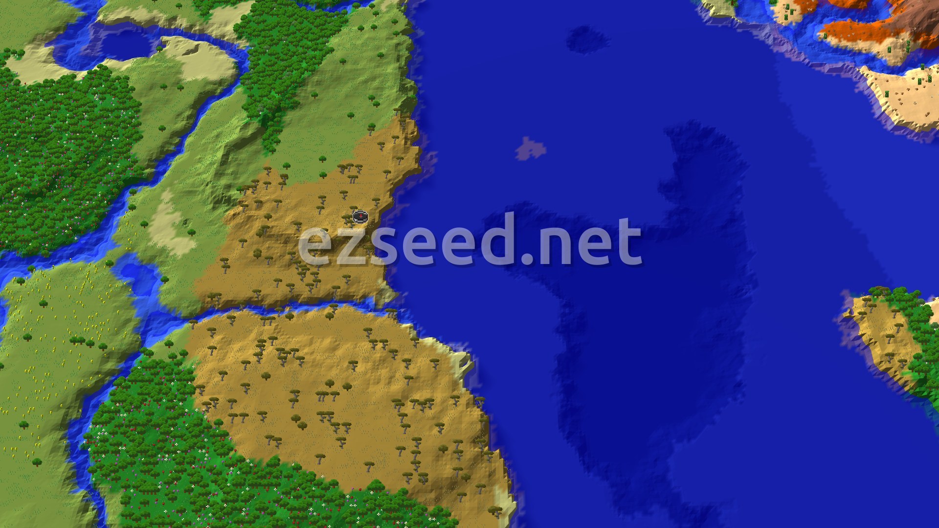 An aerial view of a varied landscape, featuring a large blue ocean bordering a golden-brown savanna dotted with acacia trees. To the left, a green forest with a winding river.