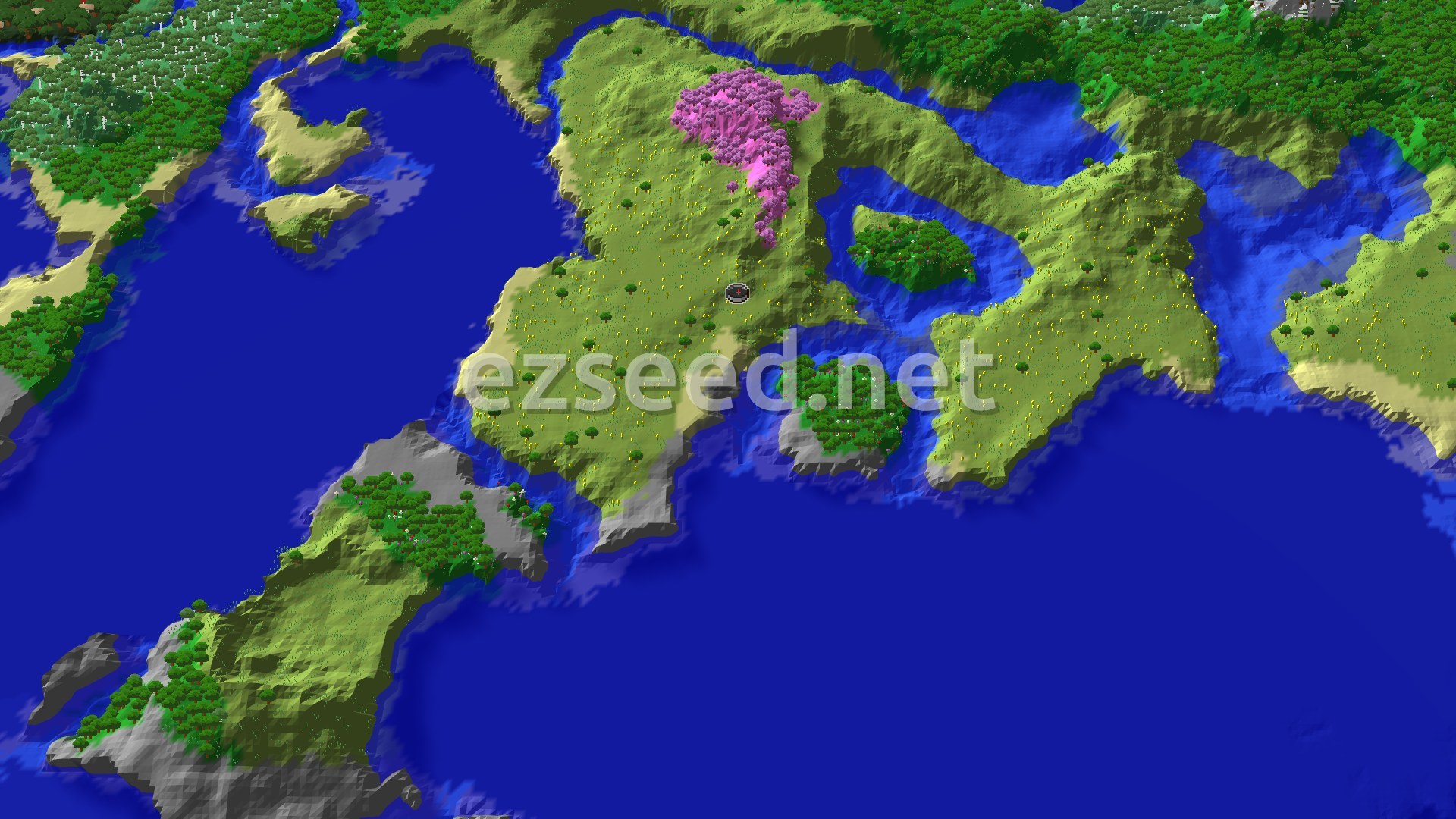 A sweeping view of rolling hills covered in a variety of trees, including light pink cherry blossoms, with a river winding through the landscape and a marker indicating the spawn point.