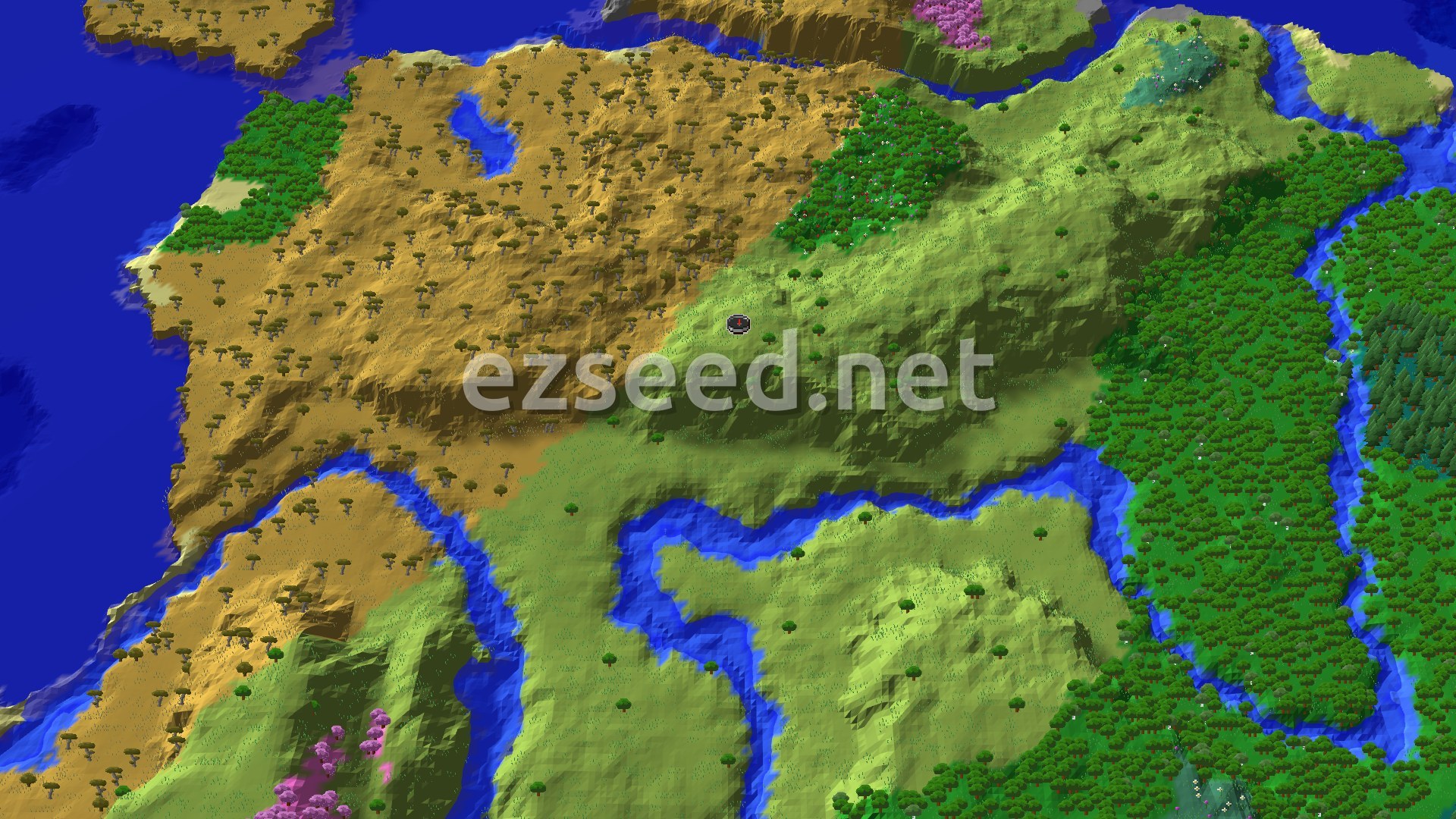 A 3D aerial view of the spawn area, showing a mix of green plains, rolling savanna hills with scattered trees, and a winding river. A small marker indicates the spawn point in the center.