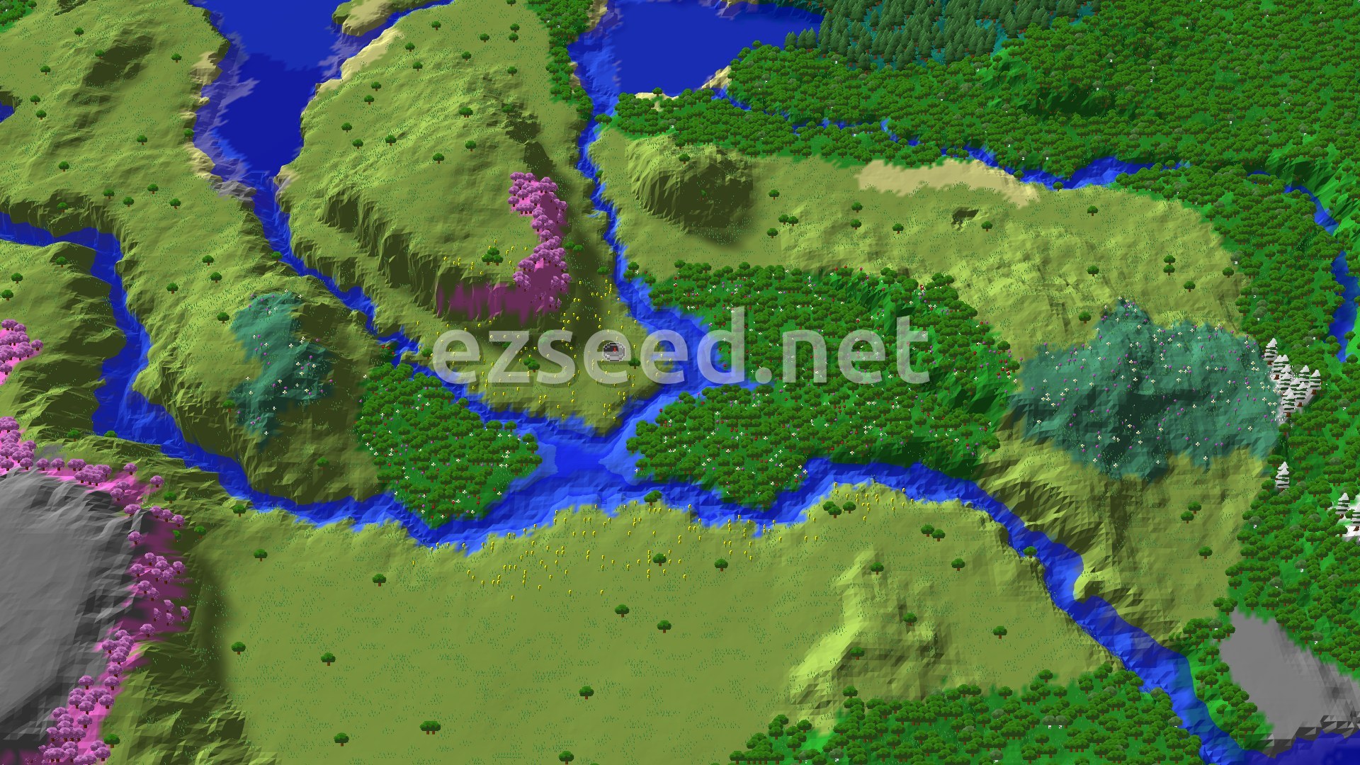 An aerial view of varied terrain with a winding river, plains, forests, and a patch of pink cherry trees.