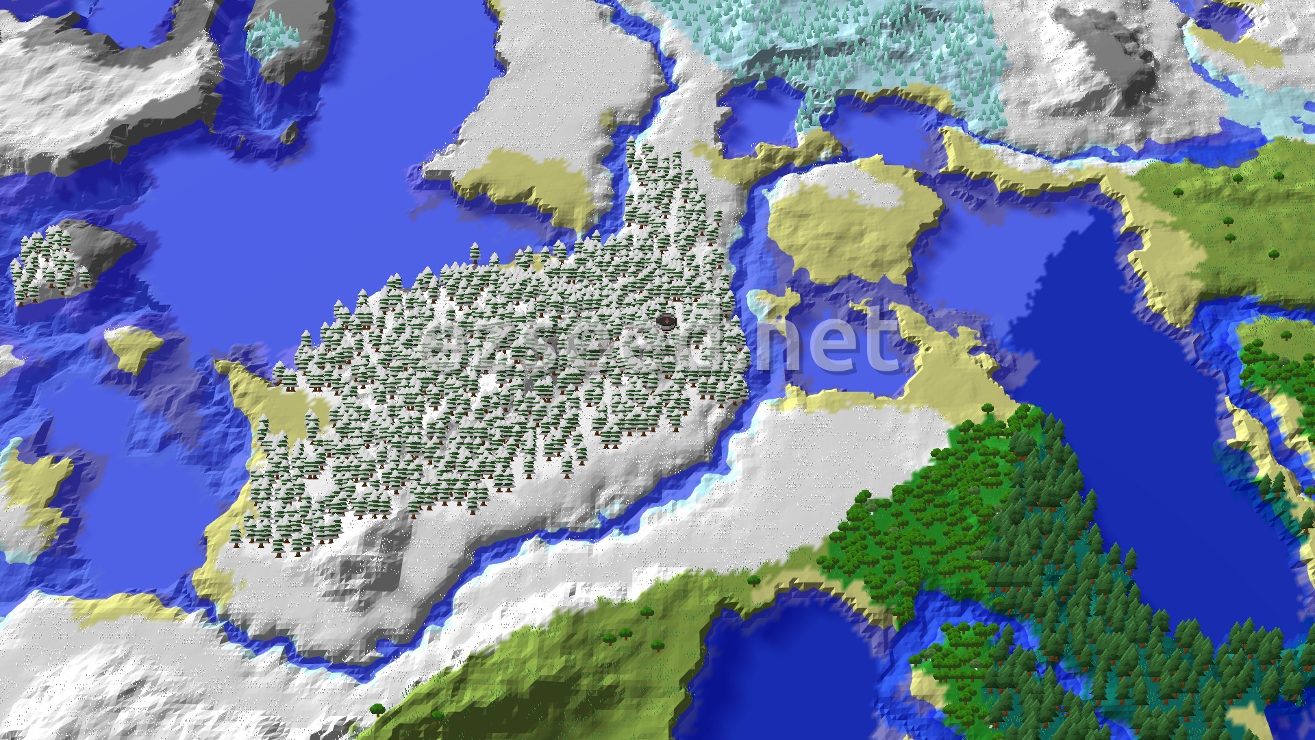 A bird's eye view of a large snowy taiga forest centered around the spawn point, surrounded by icy rivers, frozen oceans, and patches of snowy plains, with some green forest biomes visible further out.