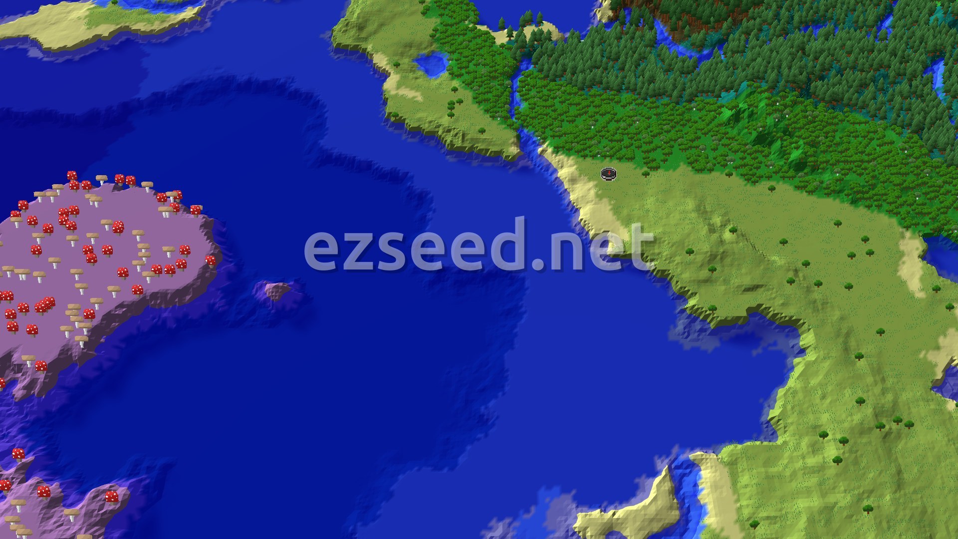 A 3D fly-over of a varied landscape, showing a large plains area near spawn, dense forests, and a prominent mushroom fields island across the water.