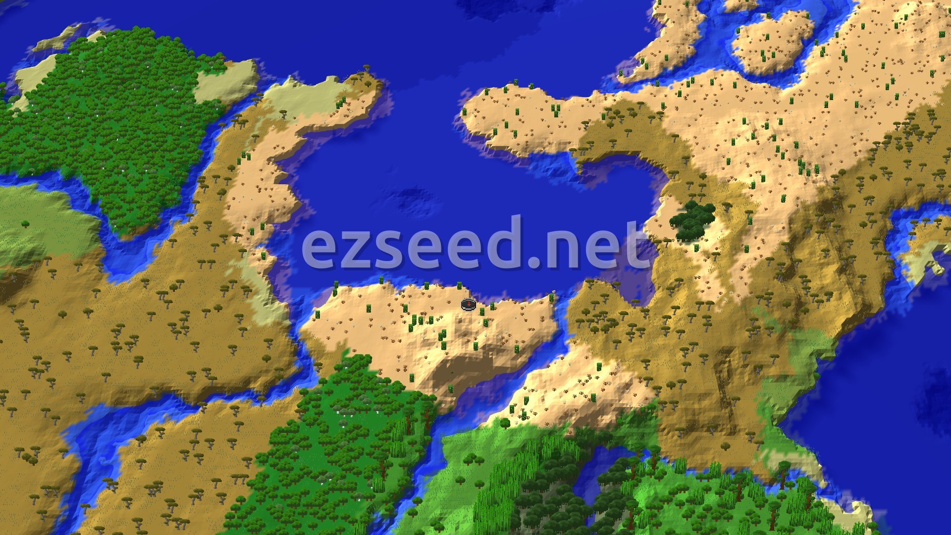An aerial view of a desert landscape with scattered green patches, bordered by a large body of water, with a spawn marker in the center.