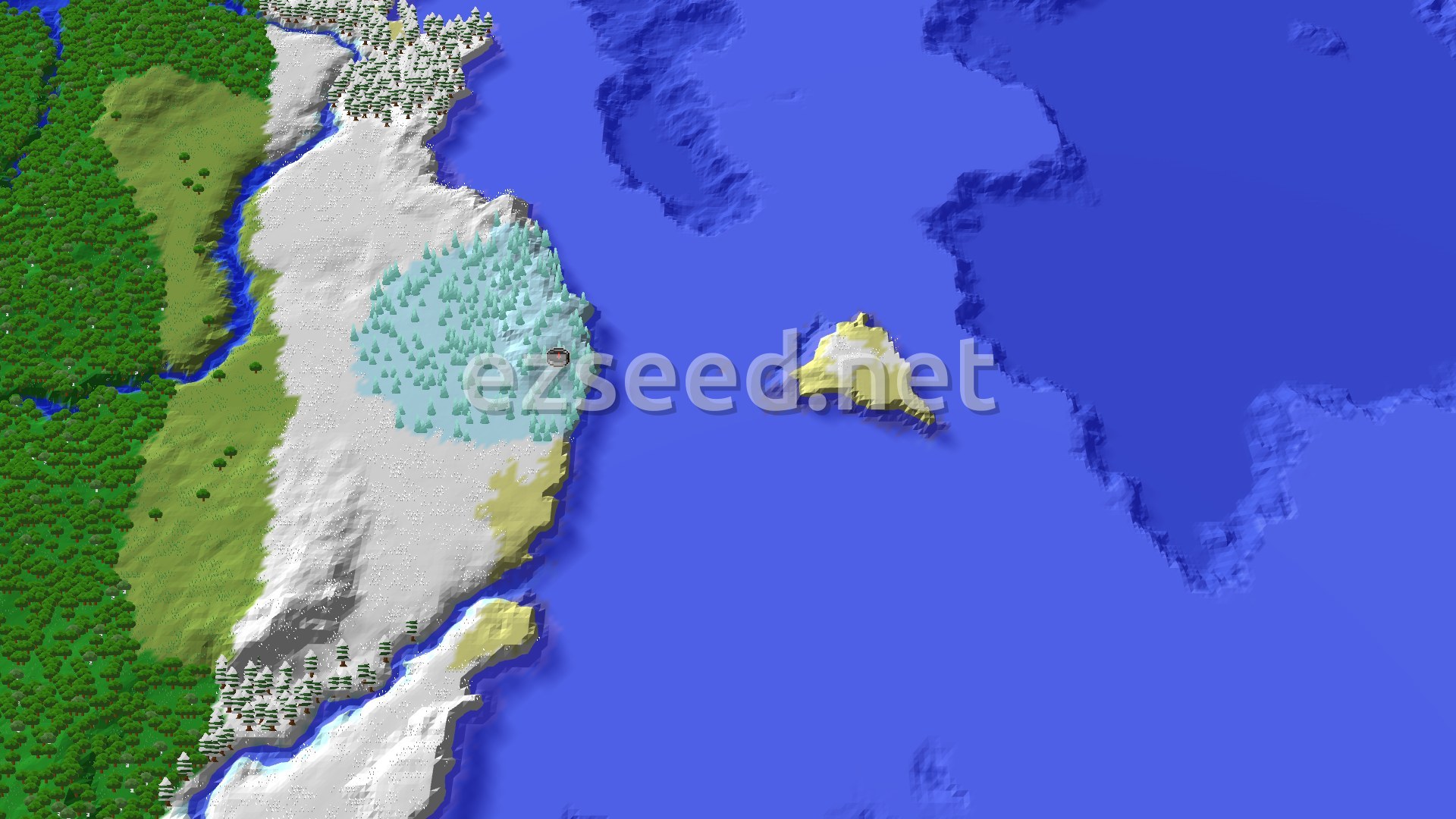 An aerial view of a snowy landmass with towering ice spikes, bordered by a dark forest, a river, and a vast blue ocean.