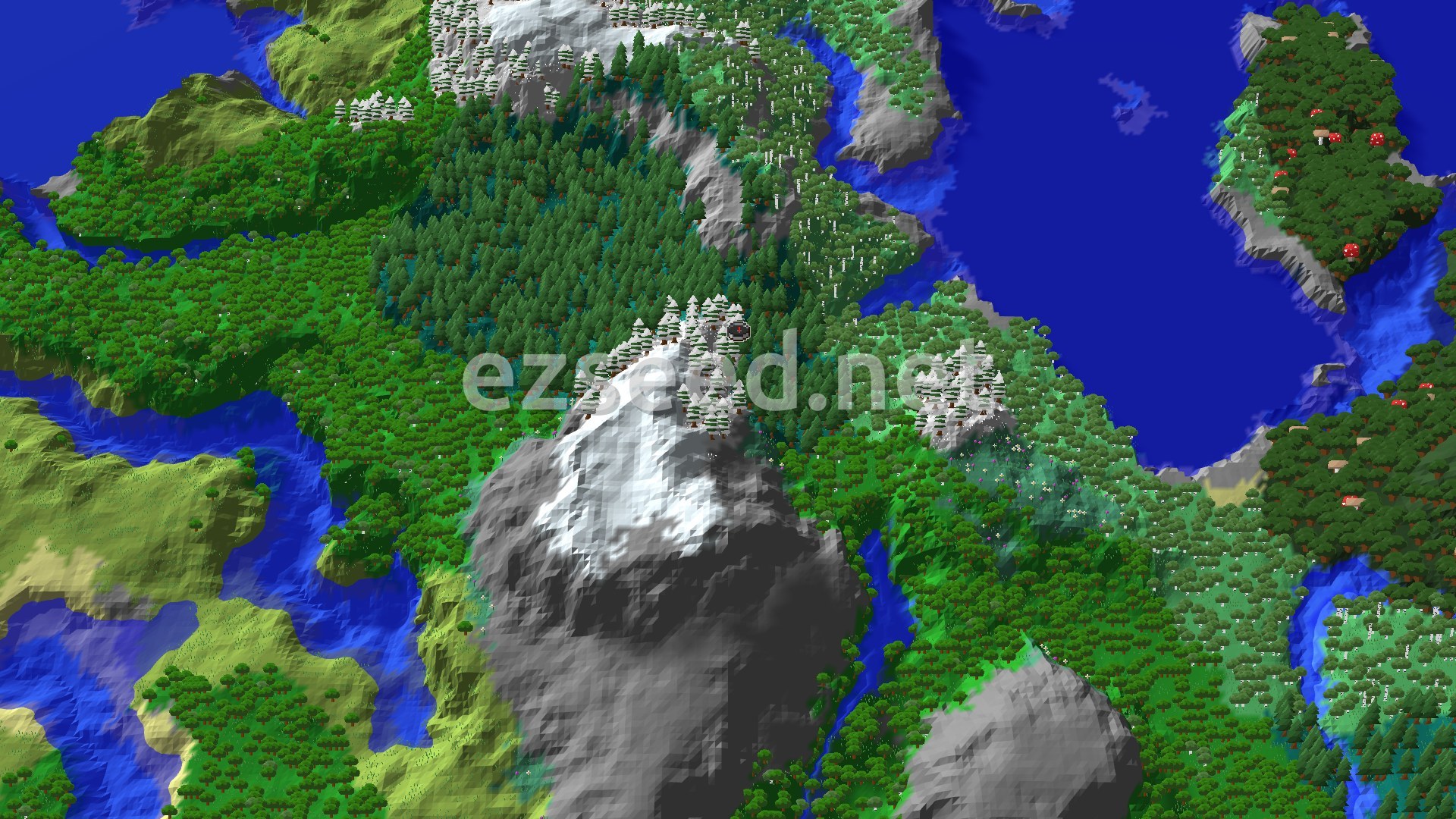 A 3D fly-over of a mountainous, forested terrain with a large body of water and a small spawn marker in a snowy area.