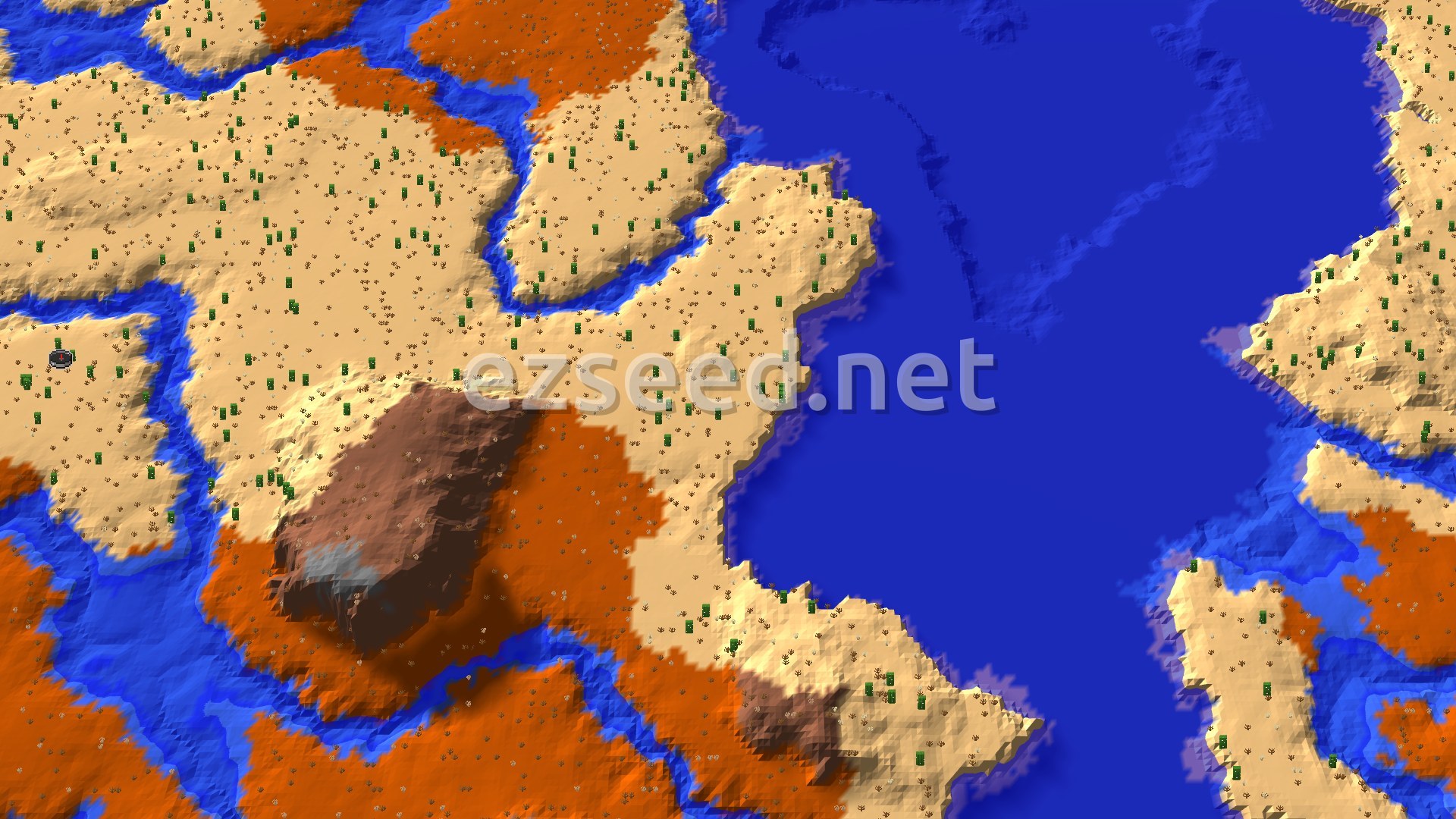 An overhead view of a vast desert landscape dotted with cacti, cut through by a blue river, and bordering a large body of water. A prominent red-brown mountain rises in the lower center, with a small spawn marker in the upper left desert.