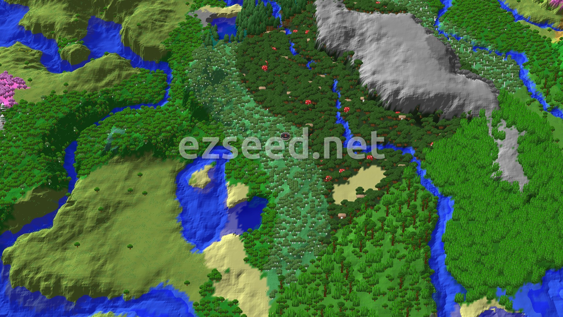 An aerial view of a varied landscape, showing a dense birch forest around the spawn marker, bordered by rivers, a bamboo jungle, and a gray-peaked mountain.