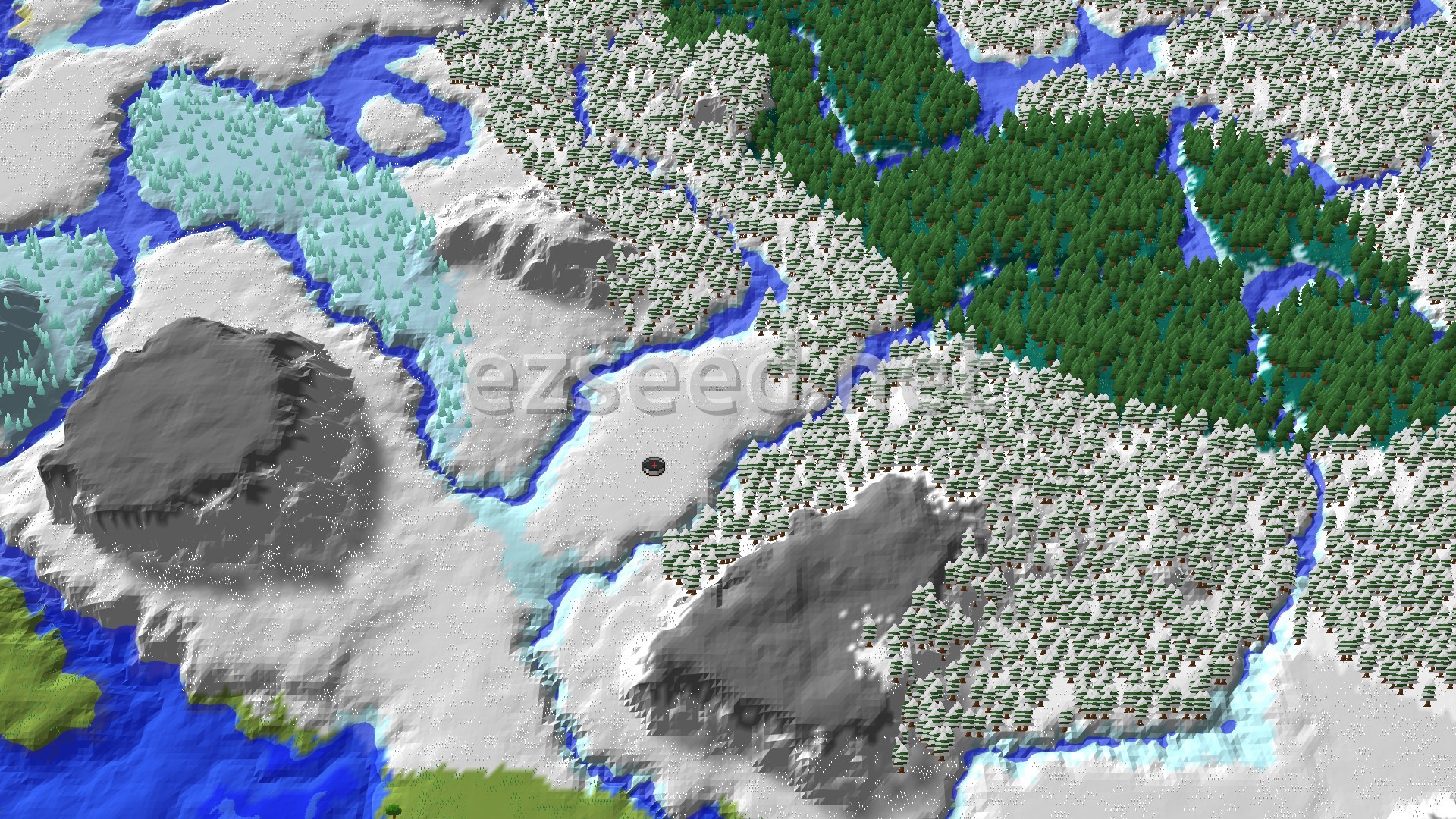Aerial Minecraft seed map — Snowy Plains Spawn with Nearby Taiga and Ice Spikes