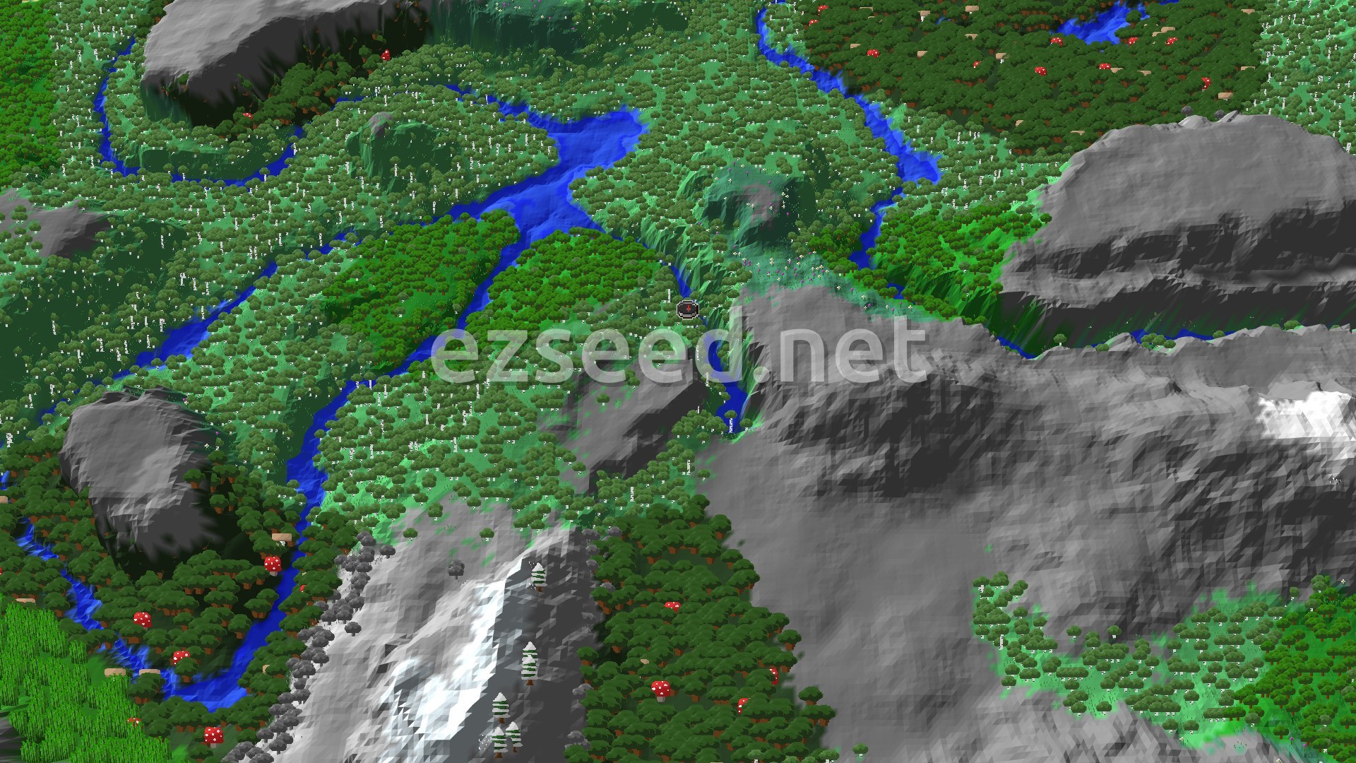 A fly-over view of the spawn area, showing a dense birch forest surrounded by a winding river and other varied tree biomes.