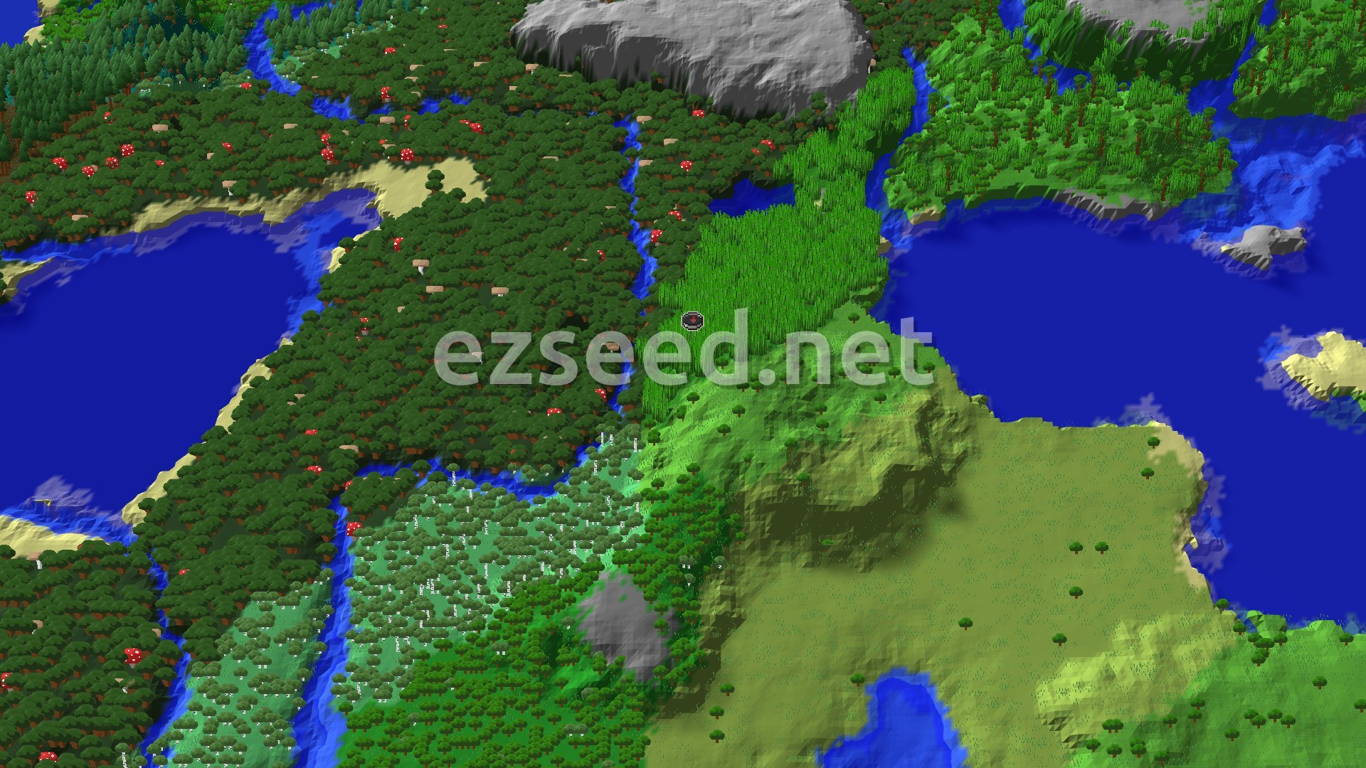An aerial view of a Minecraft landscape, showing a dense bamboo jungle at the center with a compass marker. Rivers wind through a dark forest with red mushrooms, and beyond that, lighter green forests and plains stretch towards oceans.