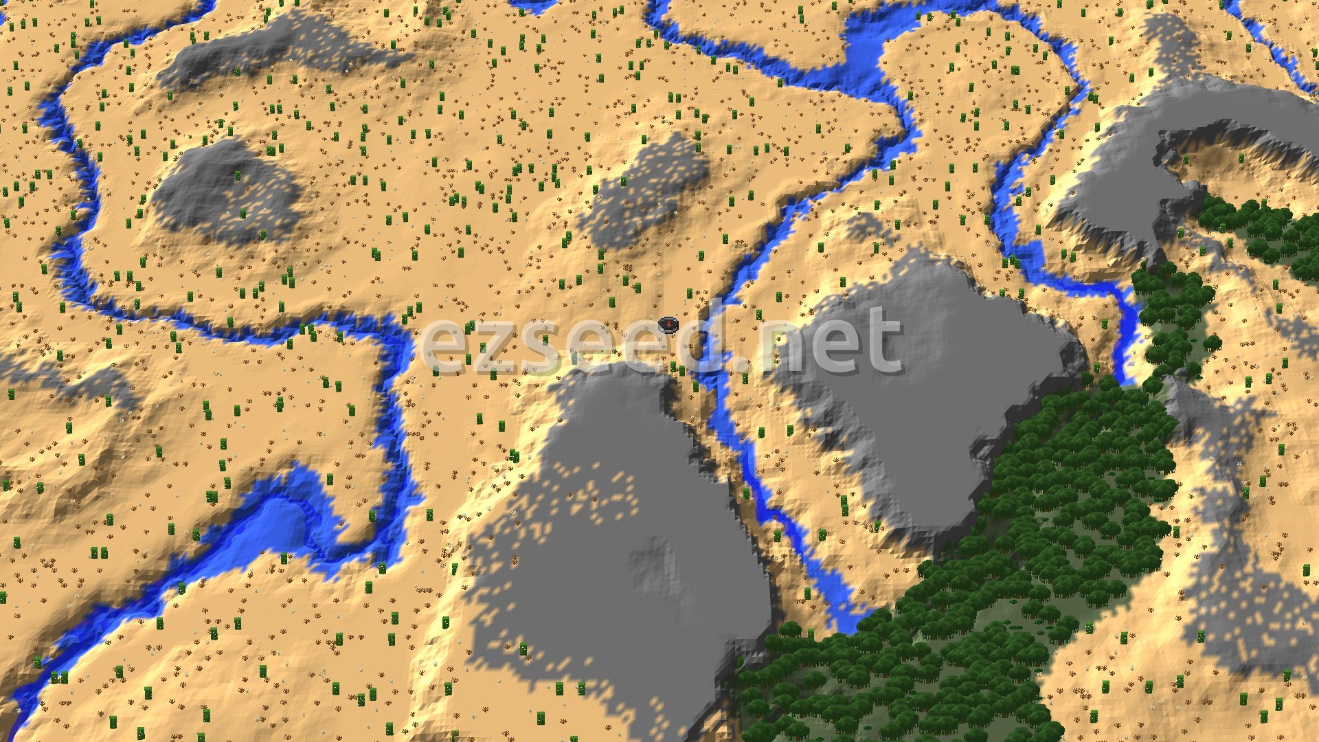 An aerial view of a desert landscape with scattered green cacti and a winding blue river. Grayish-brown hills rise in the distance, and a dense forest borders the lower right.