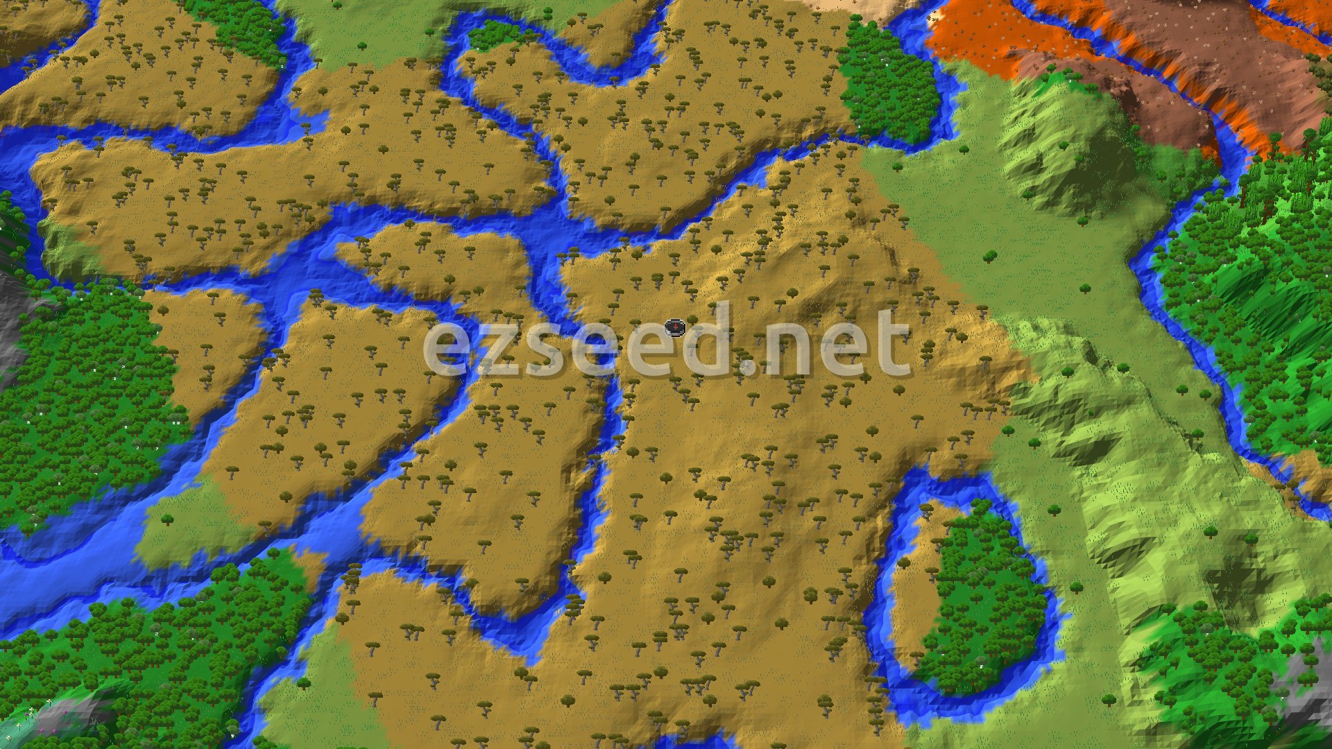 An overhead view of a savanna biome, crisscrossed by rivers, with green forests and some mountainous terrain in the distance. A small spawn marker is visible near the center.