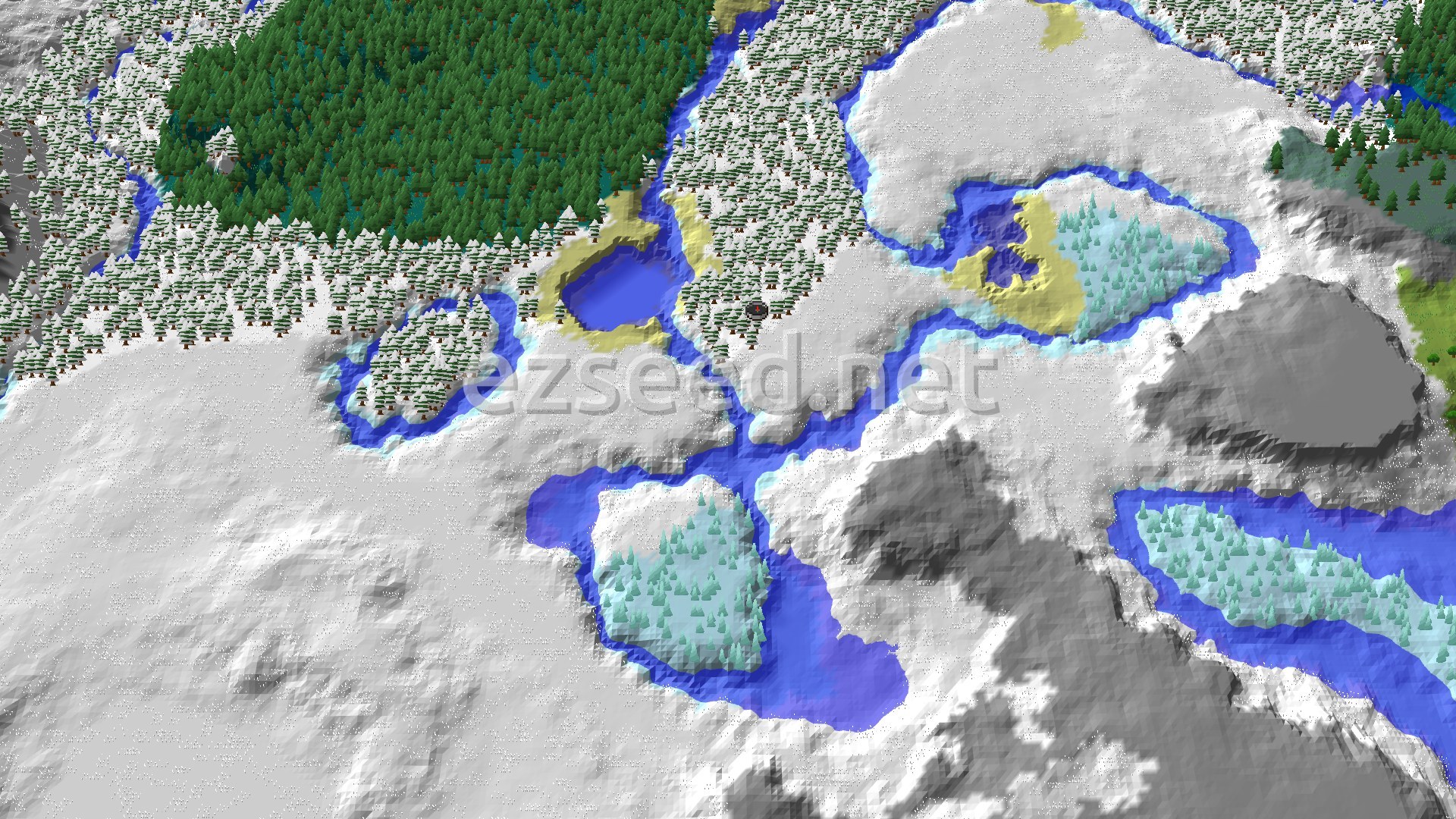 An aerial view of a snowy landscape with a large frozen ocean, scattered snowy trees, and some patches of warmer biomes with green trees and small bodies of water. A spawn marker is at the center.