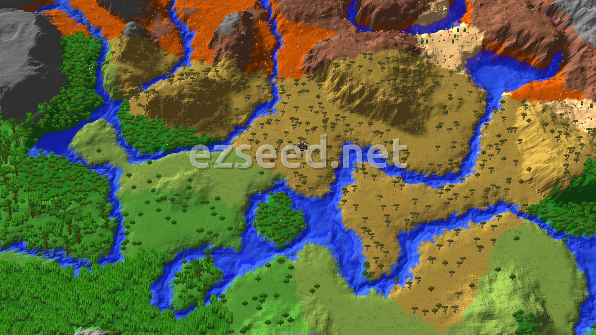 A bird's-eye view of a varied landscape, showing a central savanna with scattered trees, surrounded by winding rivers, green forests, and reddish-brown badlands formations.