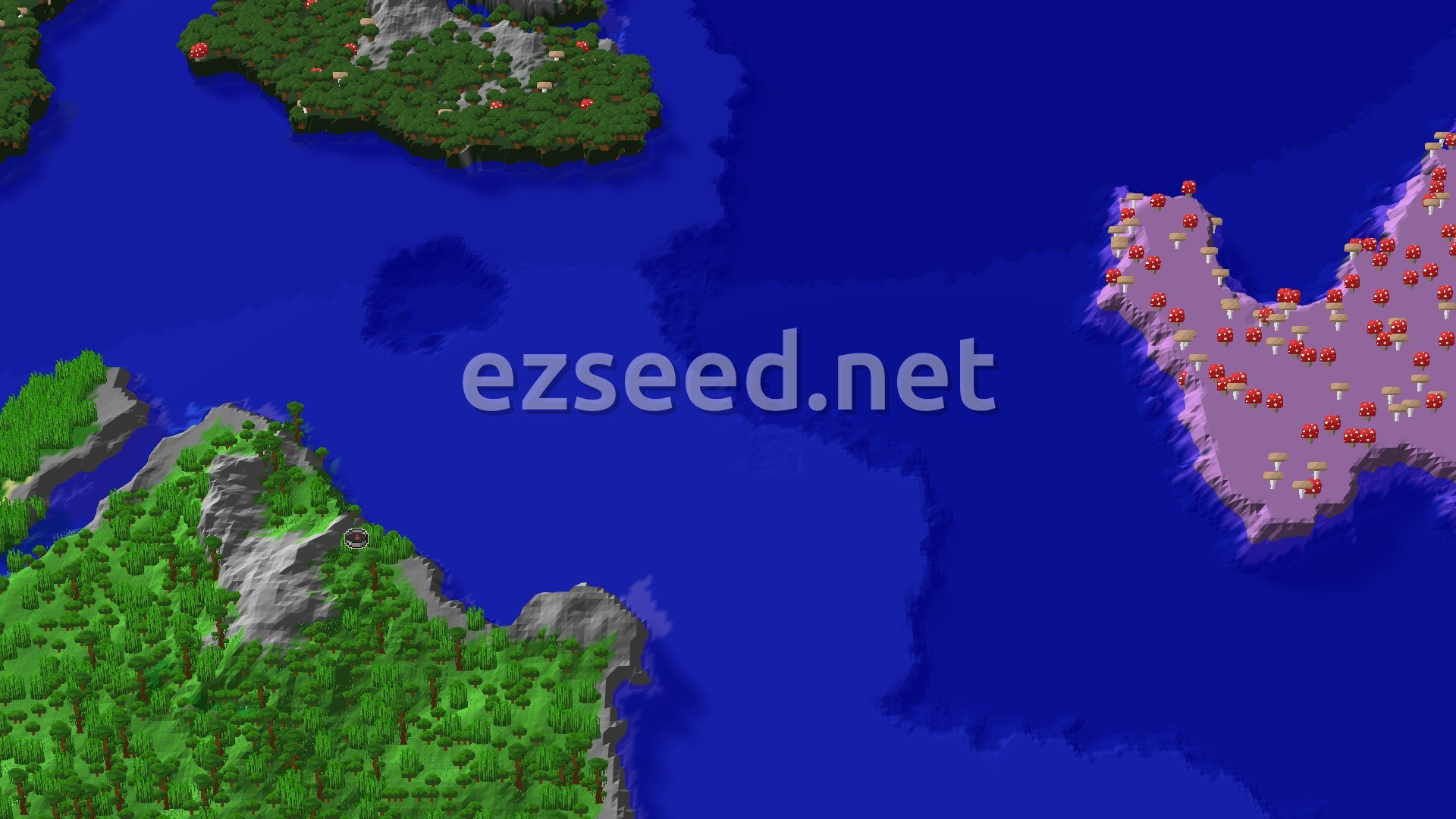A 3D fly-over of a world showing a dense green jungle island with a small spawn marker, surrounded by blue ocean, and a separate purple mushroom fields island with red and brown mushrooms.