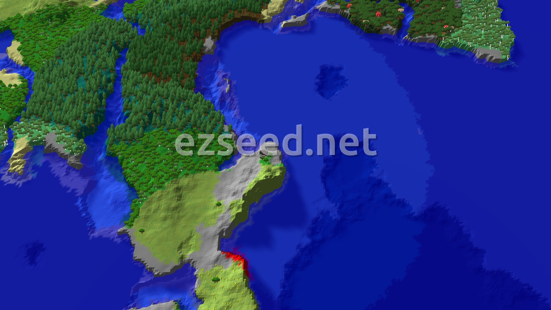 An aerial view of a forest, plains, and stony shore biomes surrounding the spawn point, with a river in the distance.