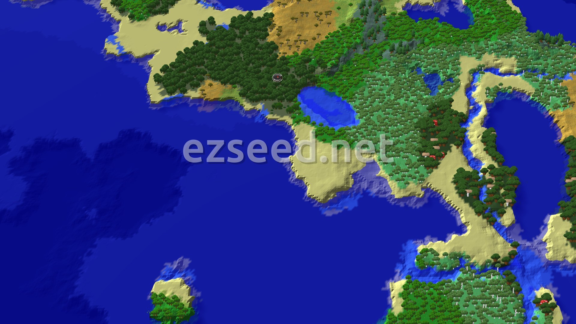 An overhead 3D view of a large landmass with a dark green Mangrove Swamp around spawn, surrounded by lighter green forests and sandy beaches, all next to a vast blue ocean.