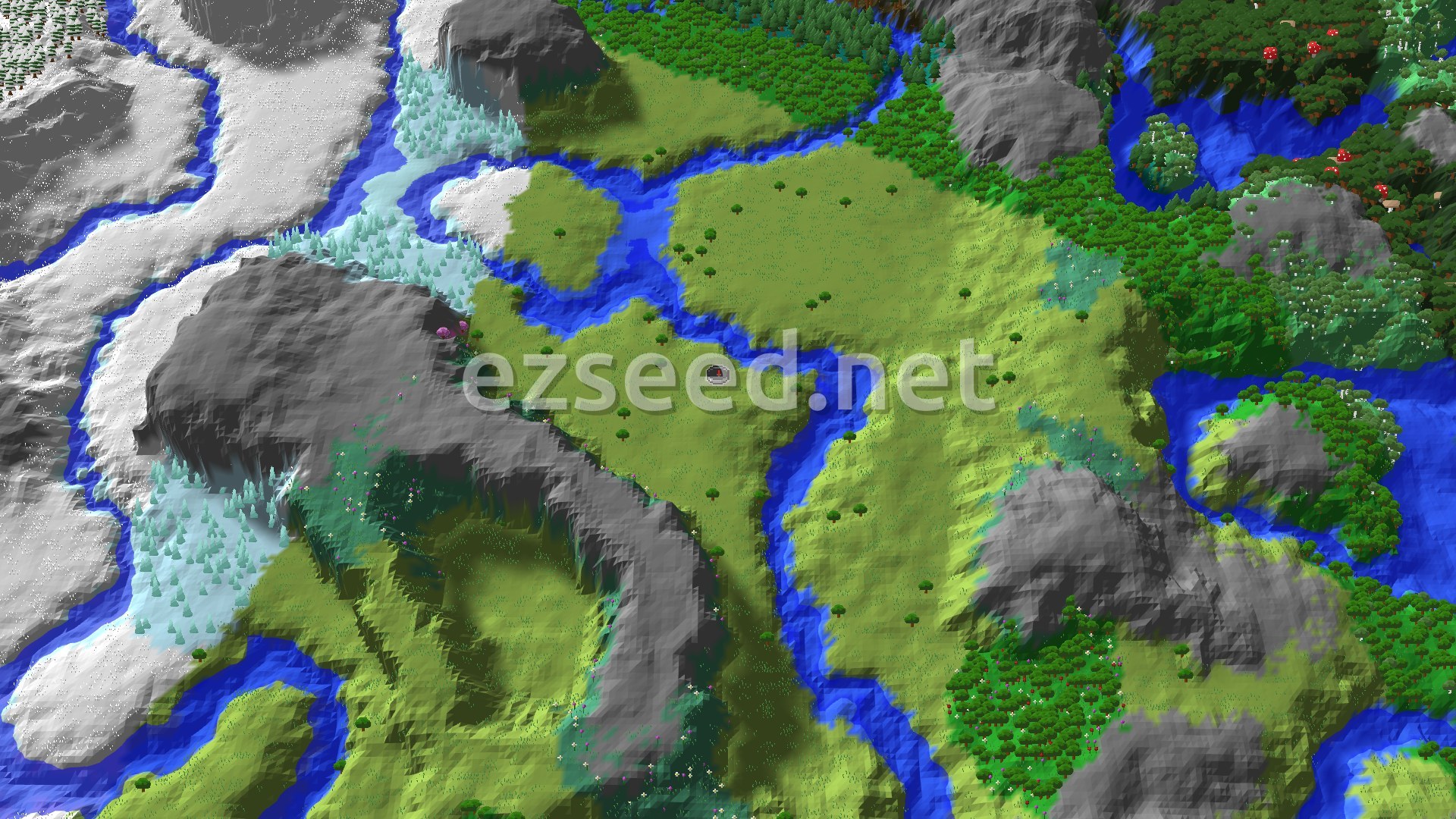 An aerial view of the spawn area, showing a winding river through plains, with forests and snowy mountains in the distance.