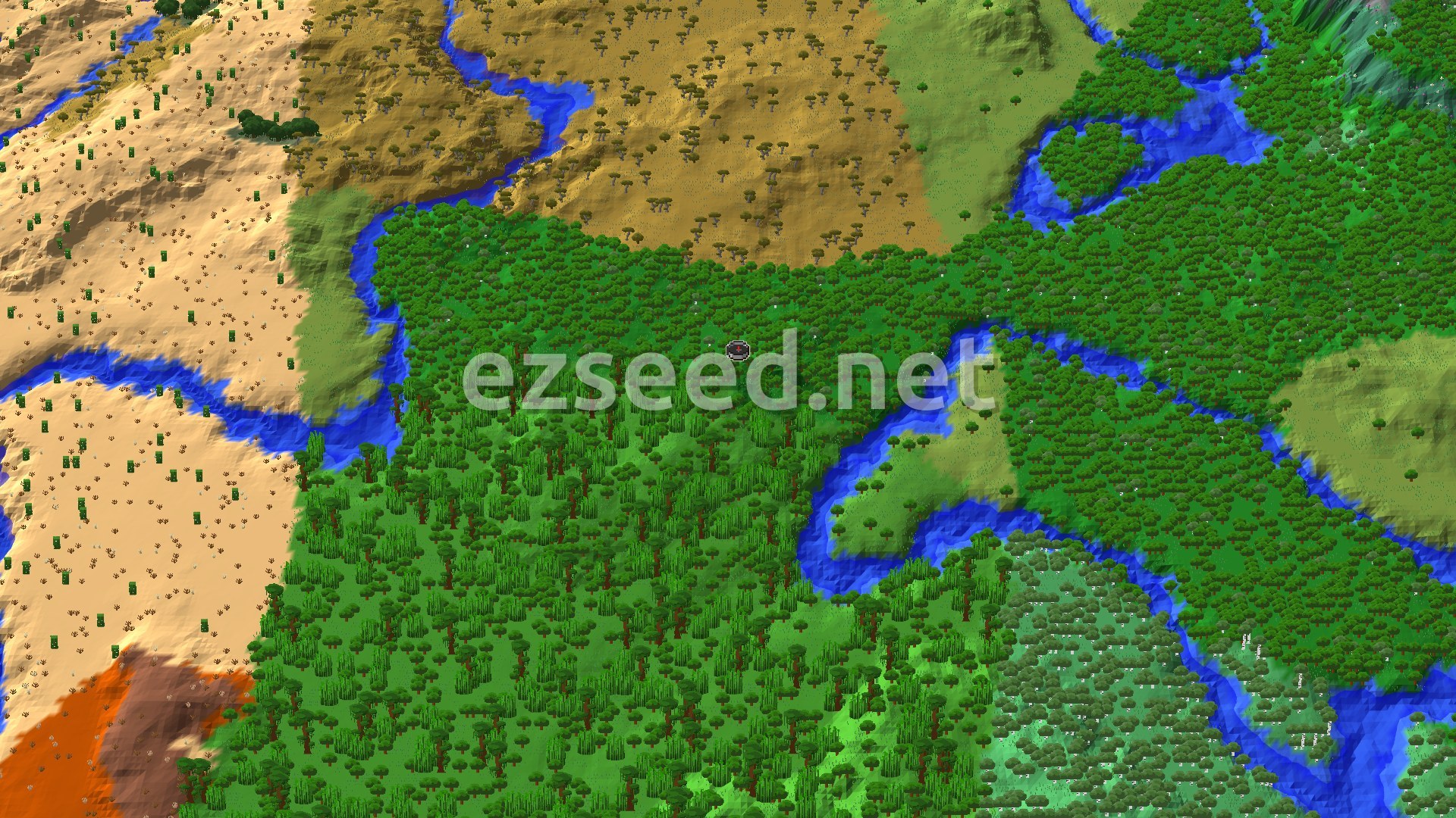 A bird's-eye view shows a large, dense forest surrounding the spawn point, with a winding river running through it and a savanna biome to the north and west.