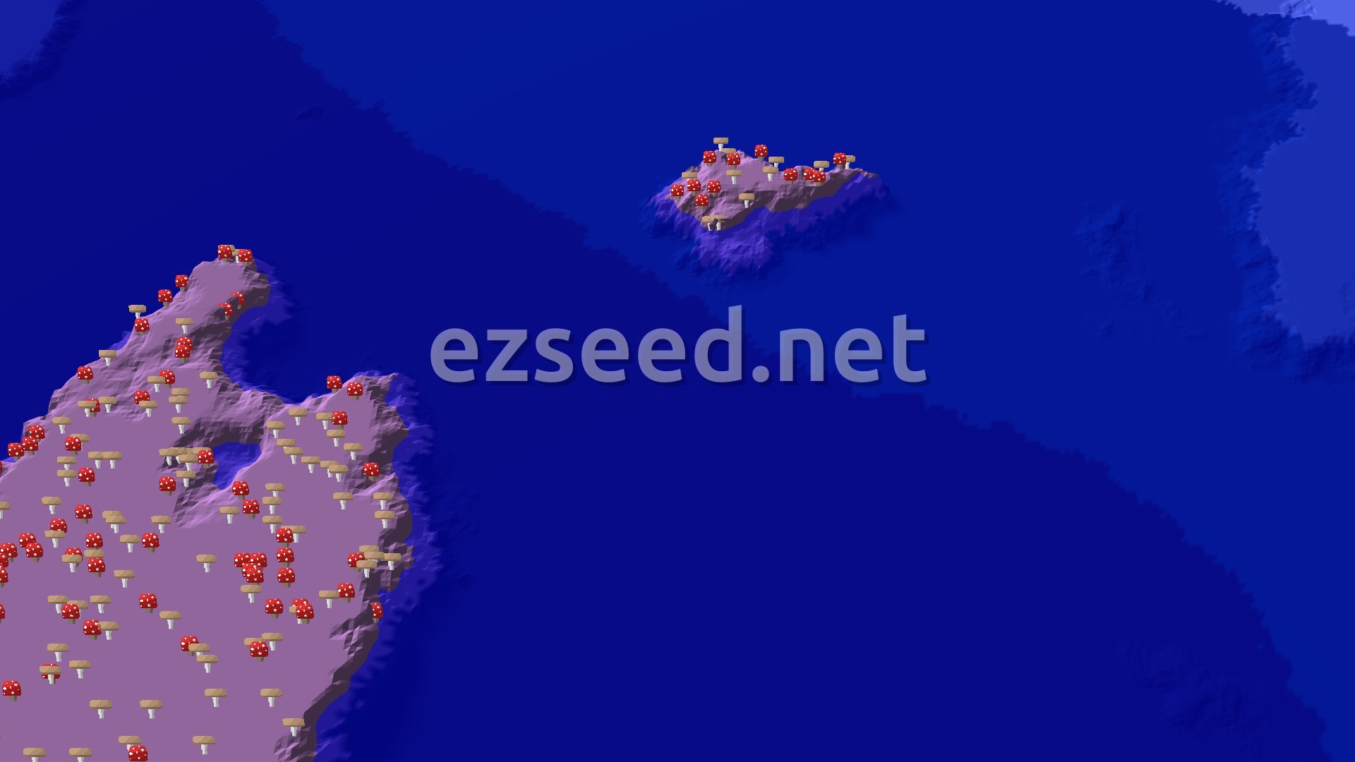 A 3D fly-over shows a large landmass covered in red and brown mushrooms, with a smaller mushroom island offshore, all surrounded by deep blue ocean.