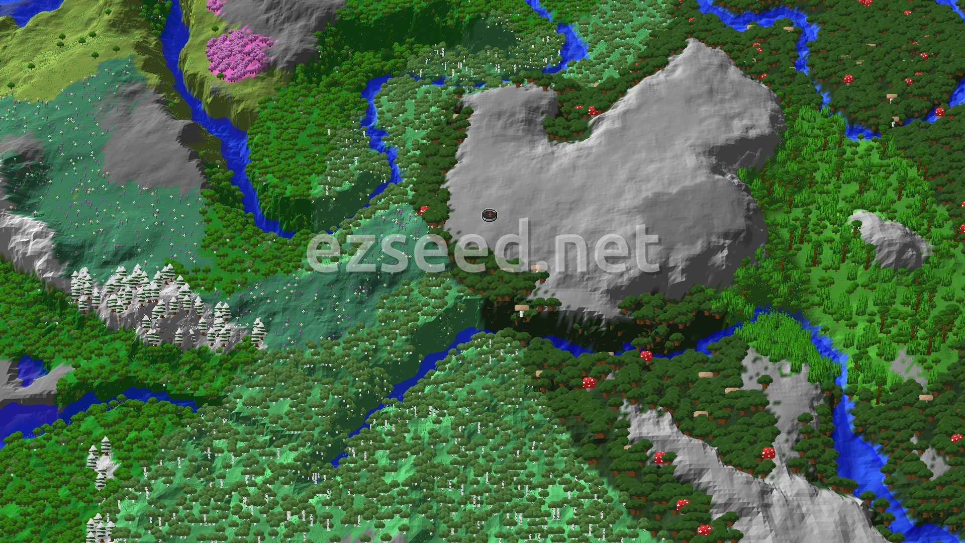 A 3D fly-over of a landscape featuring a large dark forest, with a prominent grey mountain to the east and a winding blue river running through the green terrain, including patches of birch trees and snowy peaks.