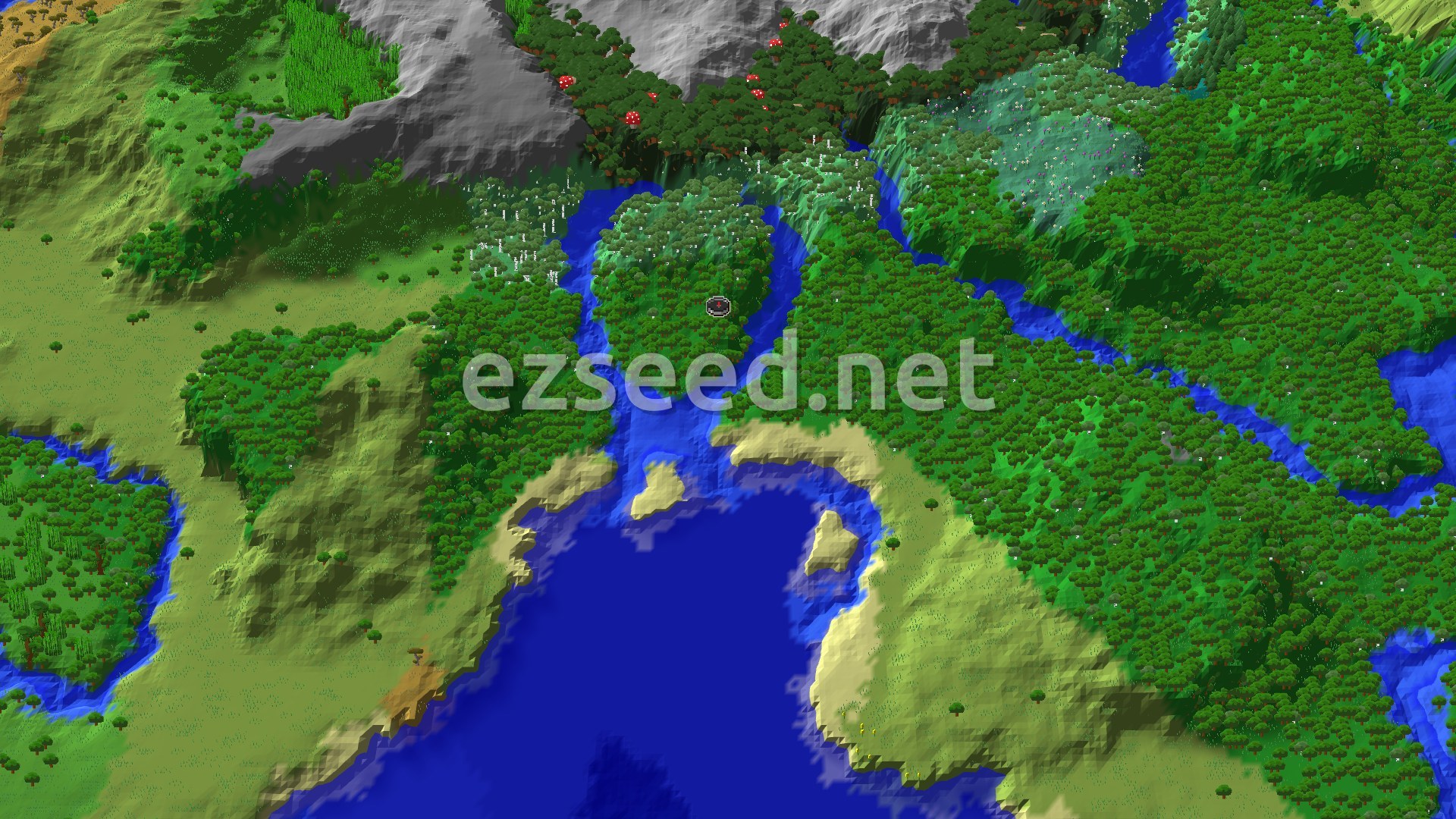 A bird's-eye view of a varied landscape featuring a central forest with a river winding through it, flanked by plains, hills, and a large body of water to the south.