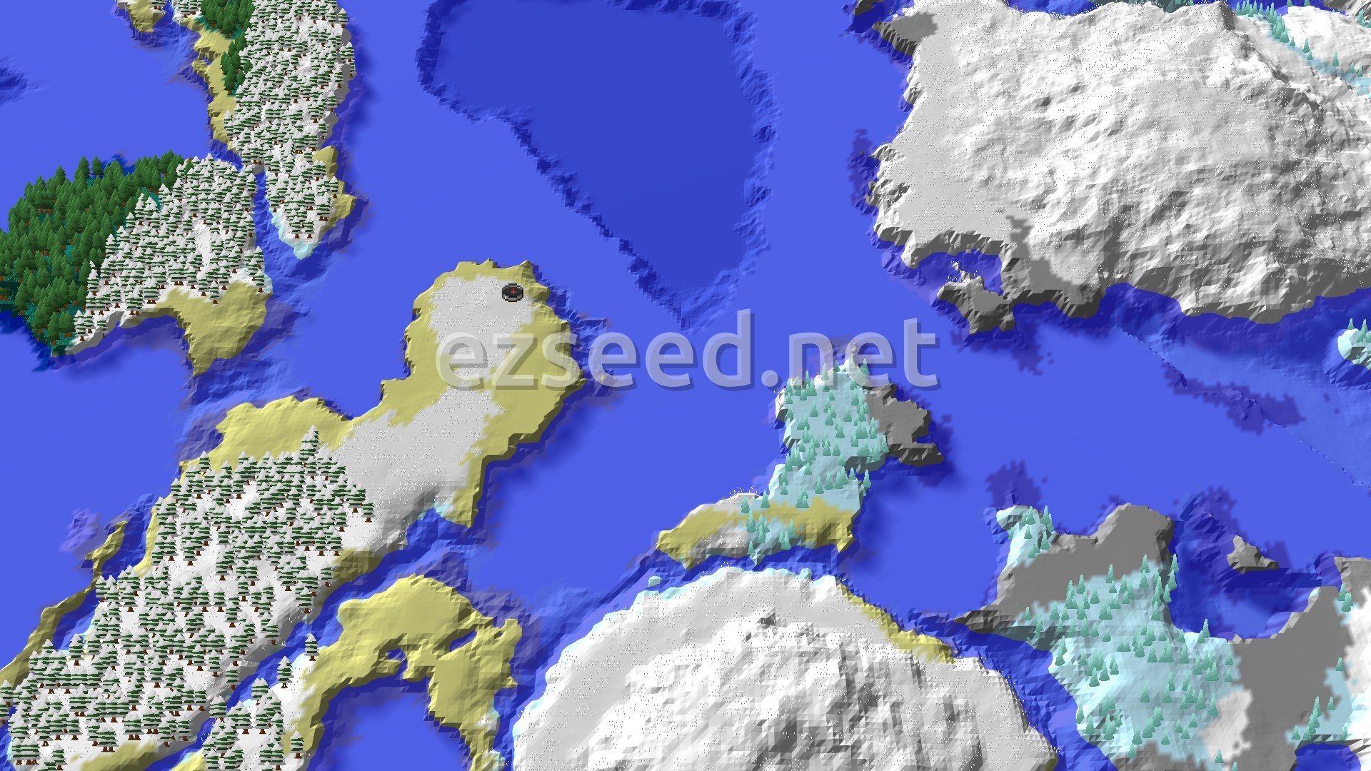 An overhead 3D render of a Minecraft world, showing a vast frozen ocean dotted with snowy islands and a few patches of green taiga.
