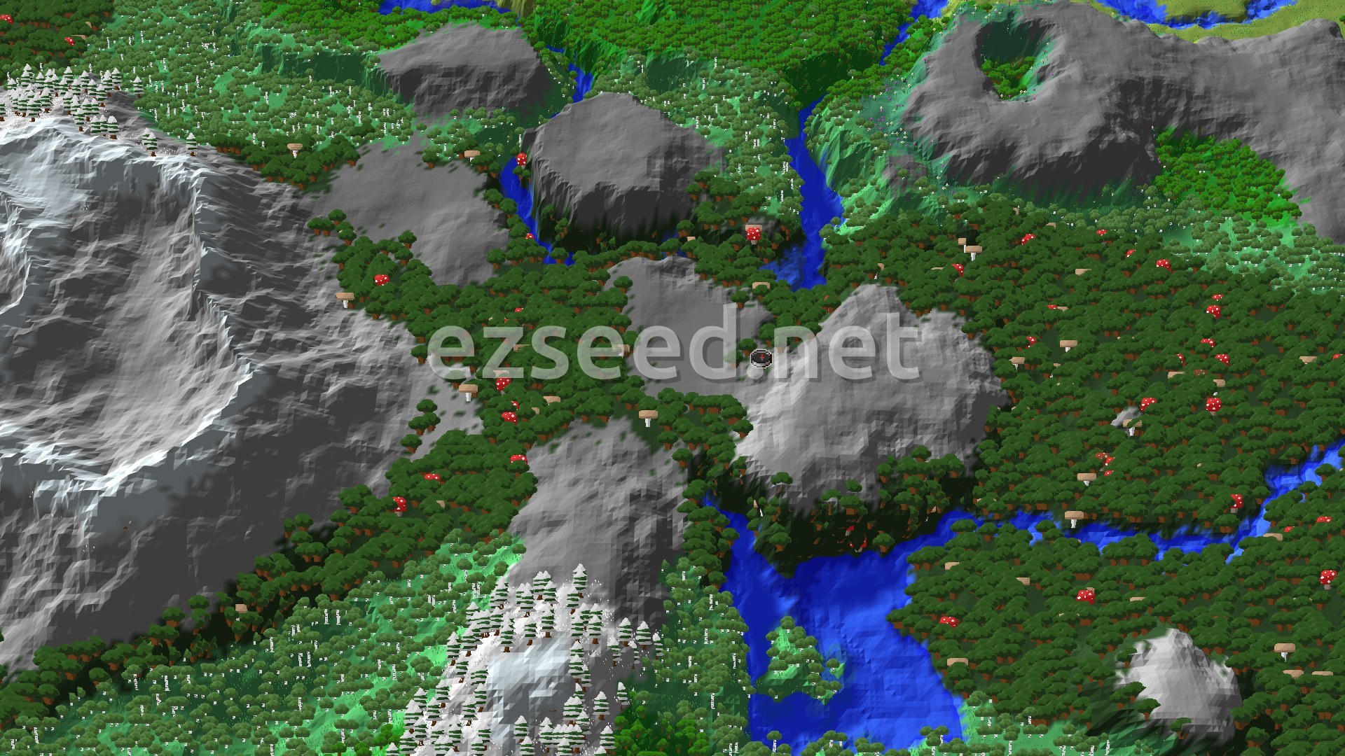 An aerial view of a dense dark forest with red and brown mushrooms, interspersed with gray mountains and winding blue rivers, and snowy peaks in the distance.
